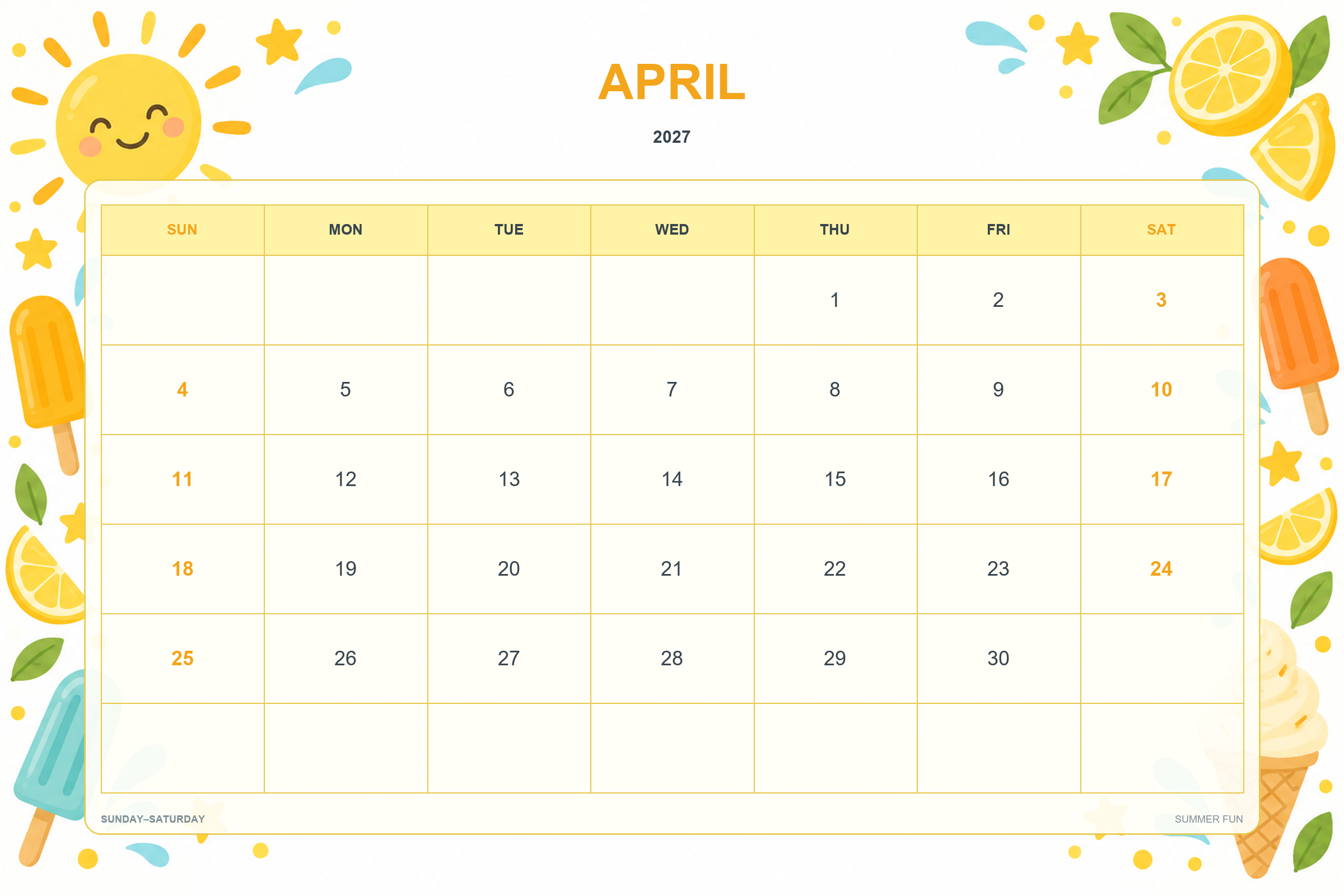 Kalender für April 2027 zum Ausdrucken: Sommerfreude