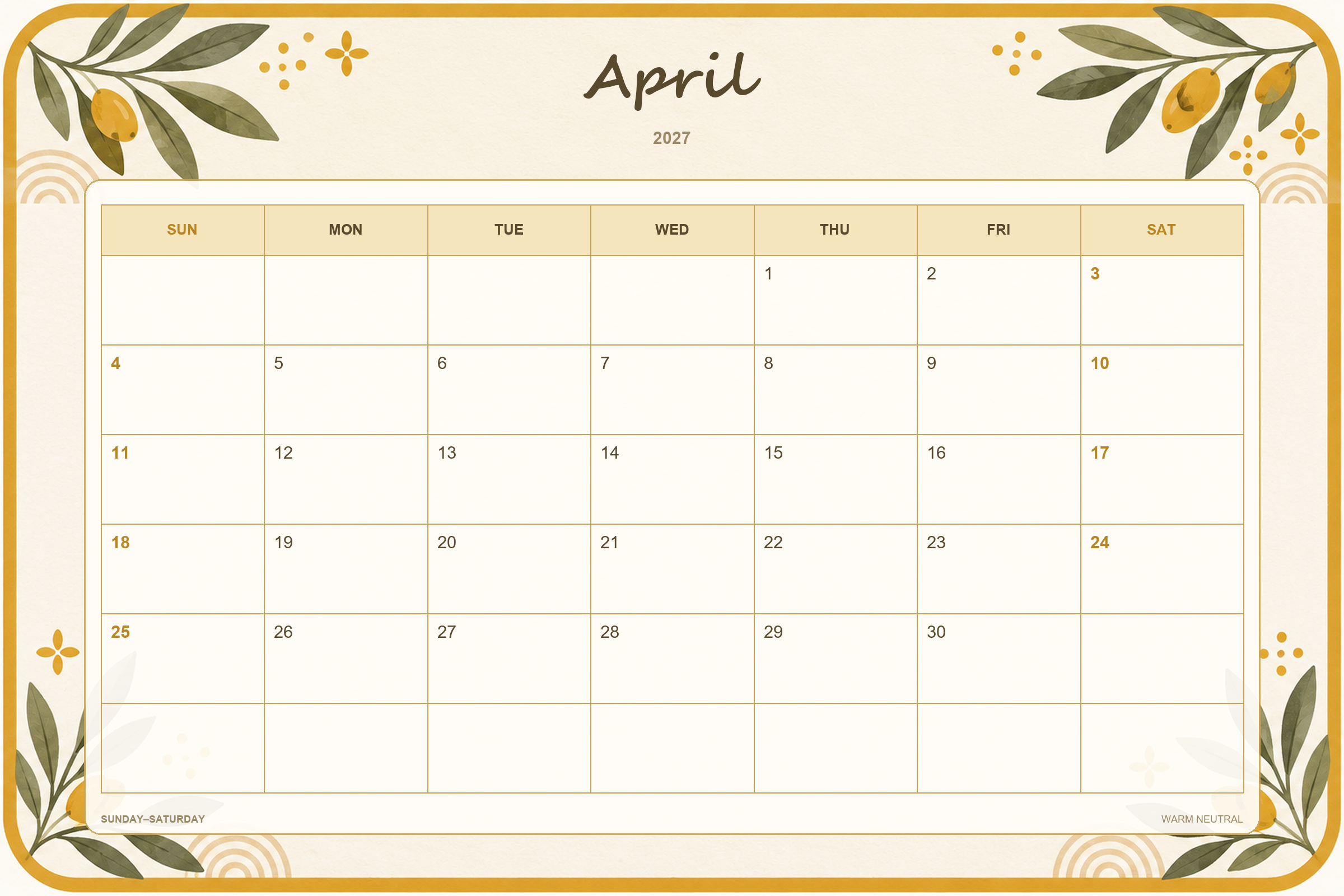 Kalender für April 2027 zum Ausdrucken: Warme Naturtöne