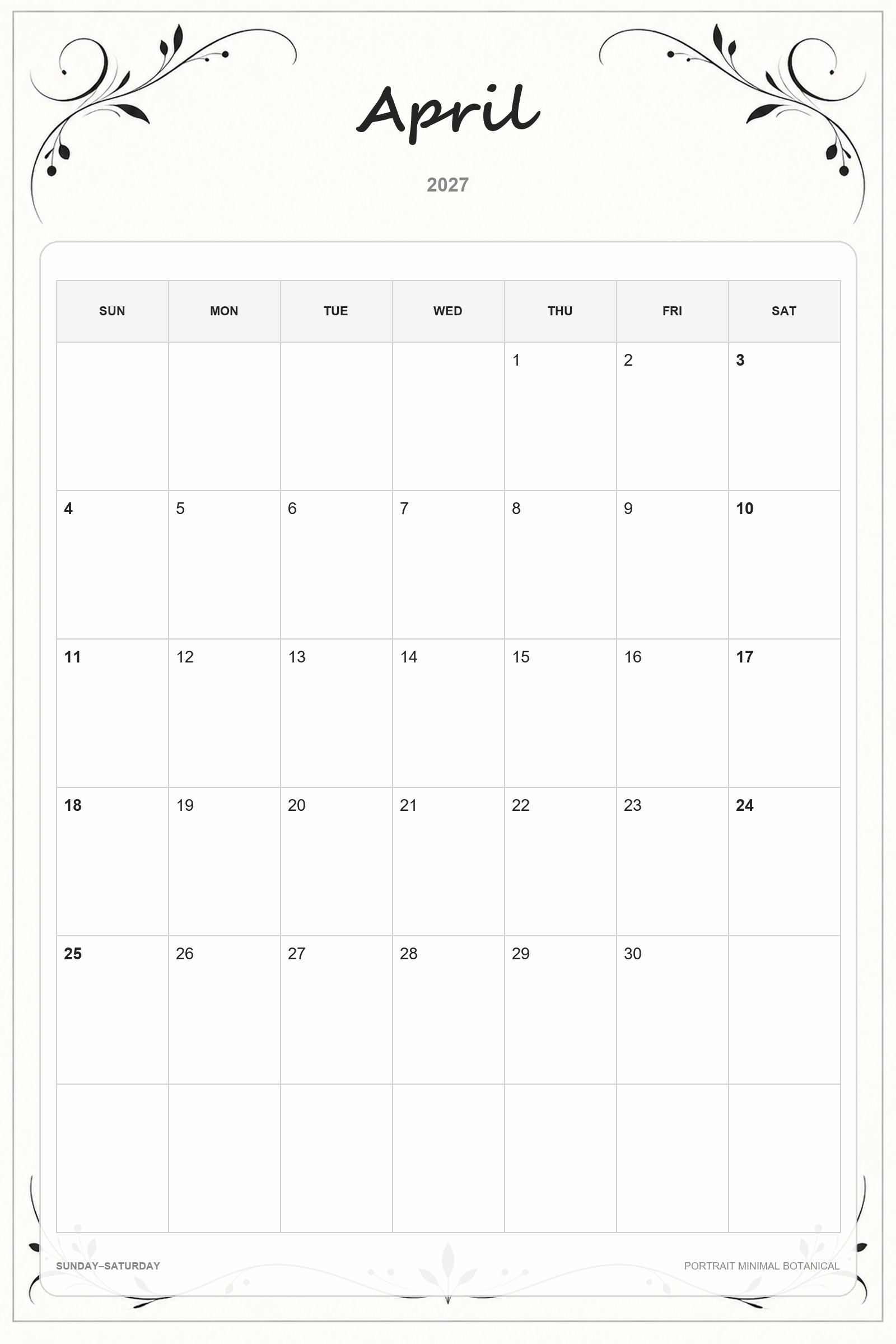 Kalender für April 2027 zum Ausdrucken: Minimalistische Pflanzen im Hochformat