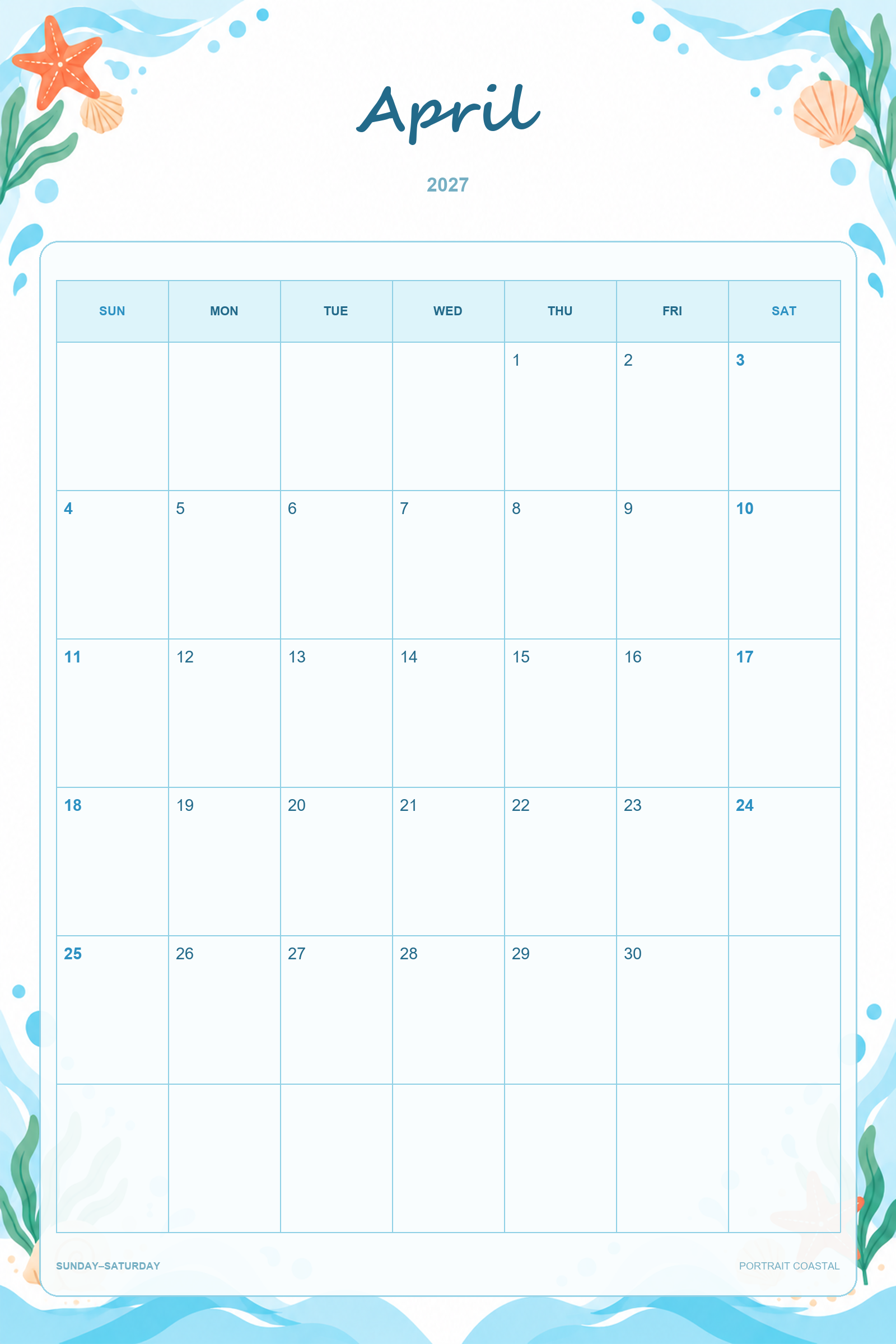 Kalender für April 2027 zum Ausdrucken: Küstendesign im Hochformat