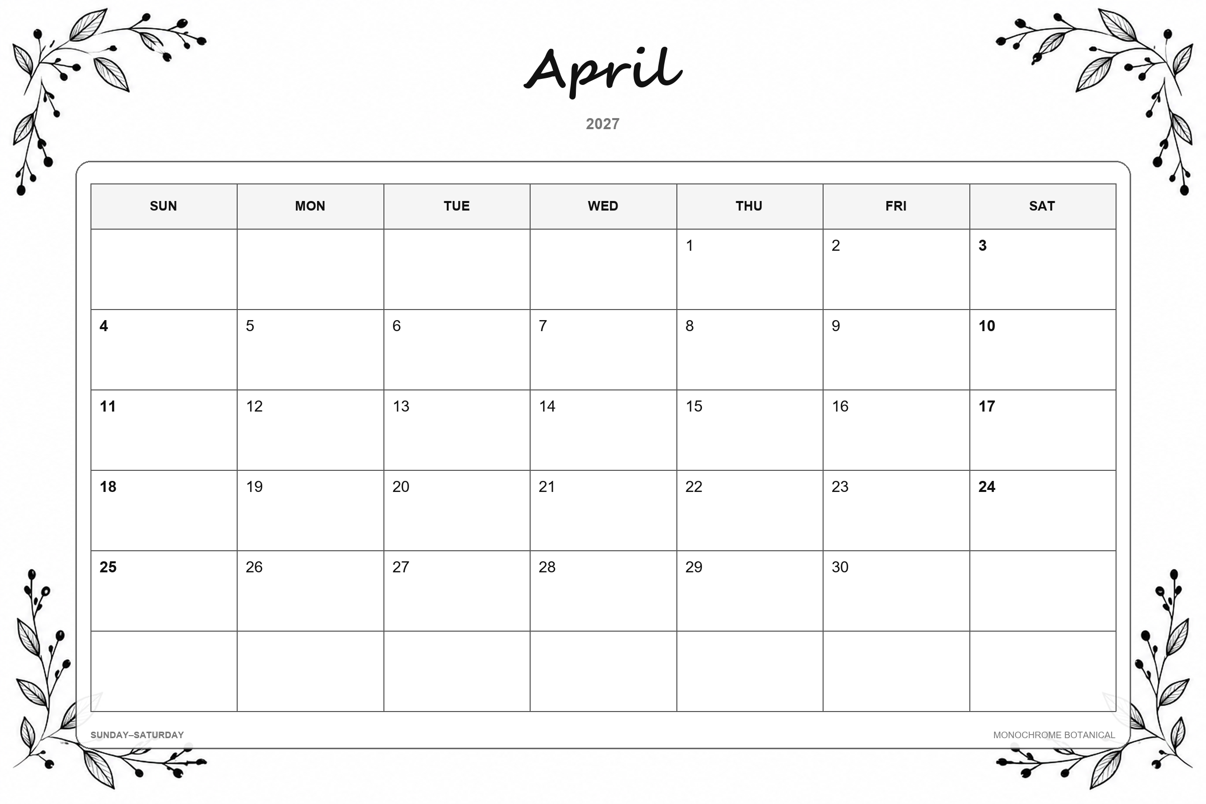 Kalender für April 2027 zum Ausdrucken: Einfarbige Pflanzenmotive