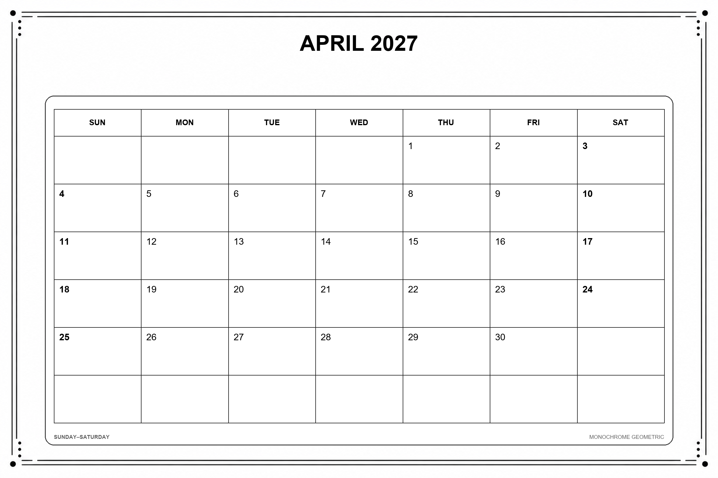 Kalender für April 2027 zum Ausdrucken: Einfarbige Geometrie