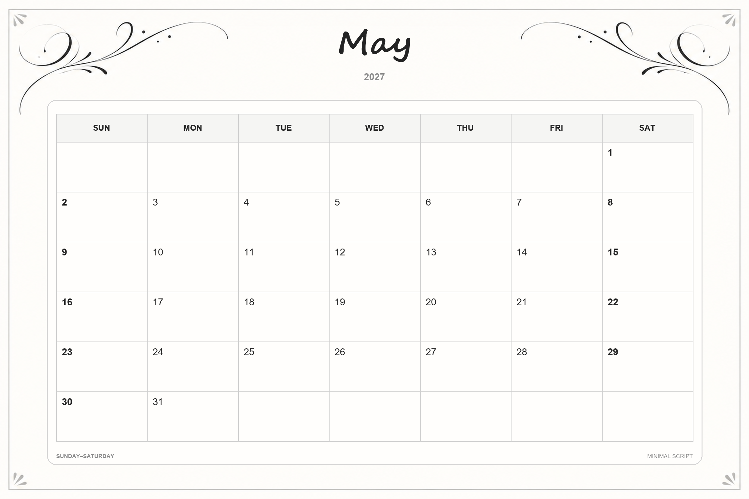Minimal Script printable May 2027 calendar template