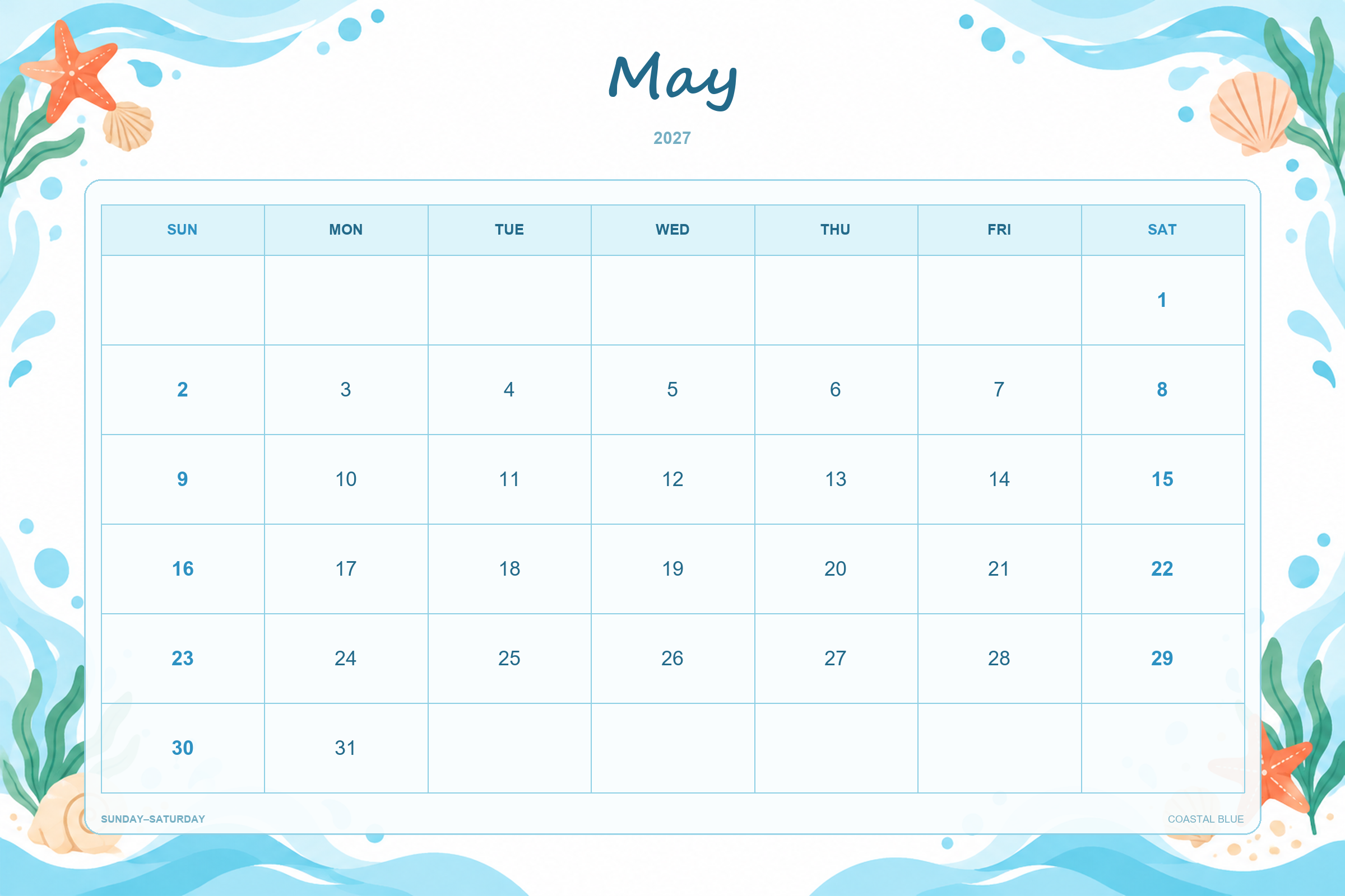 Coastal Blue printable May 2027 calendar template