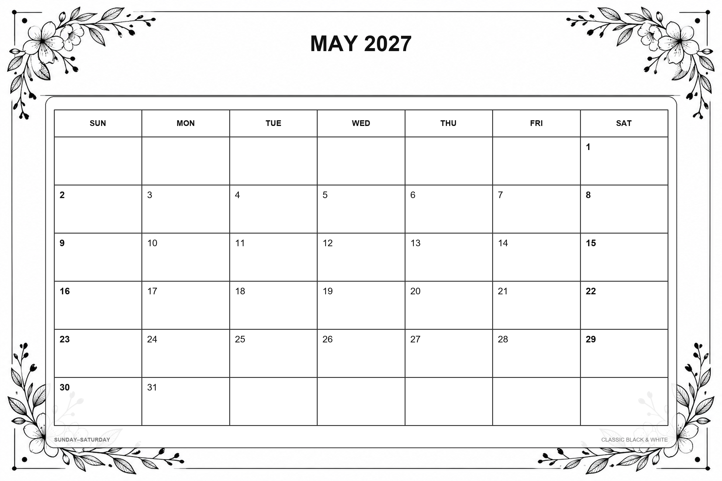 Classic Black White printable May 2027 calendar template