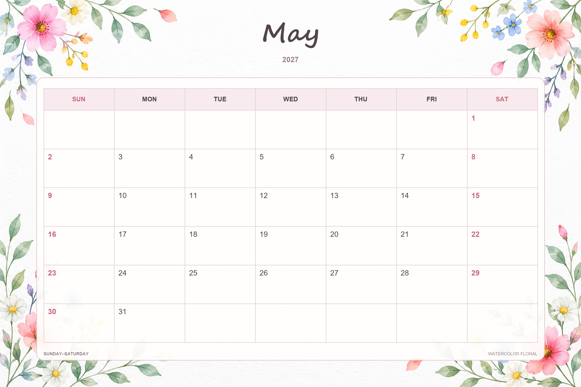 Watercolor Floral printable May 2027 calendar template