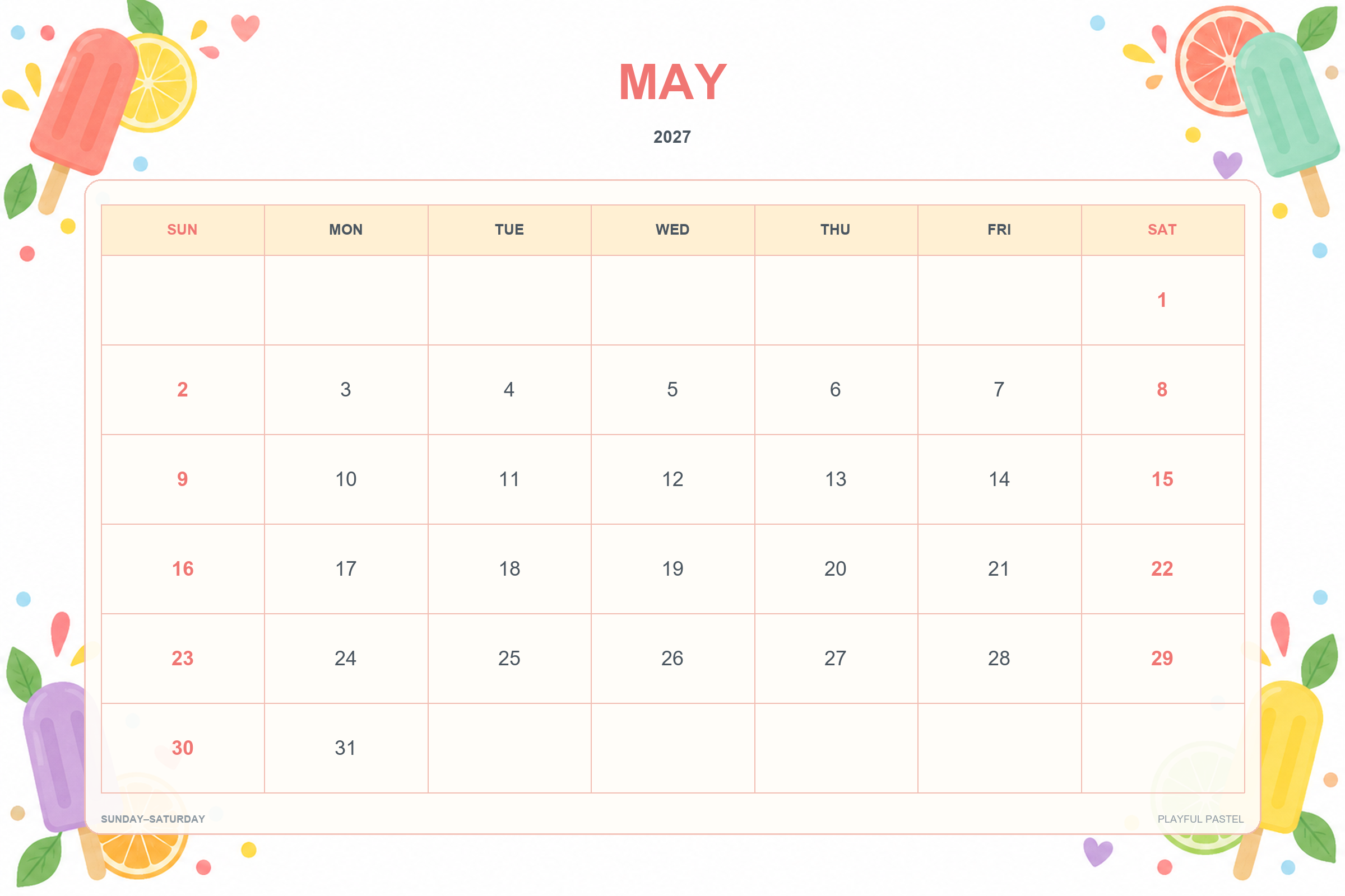 Playful Pastel printable May 2027 calendar template