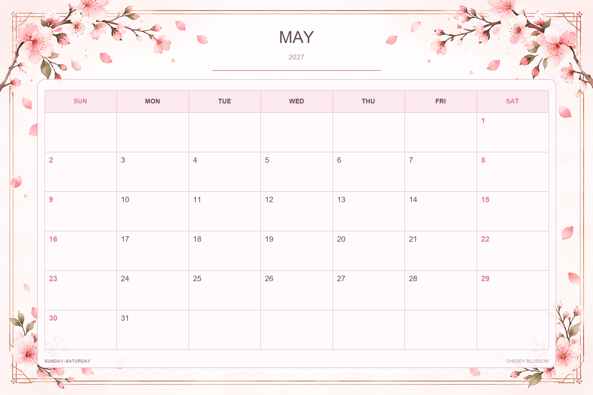 Cherry Blossom printable May 2027 calendar template