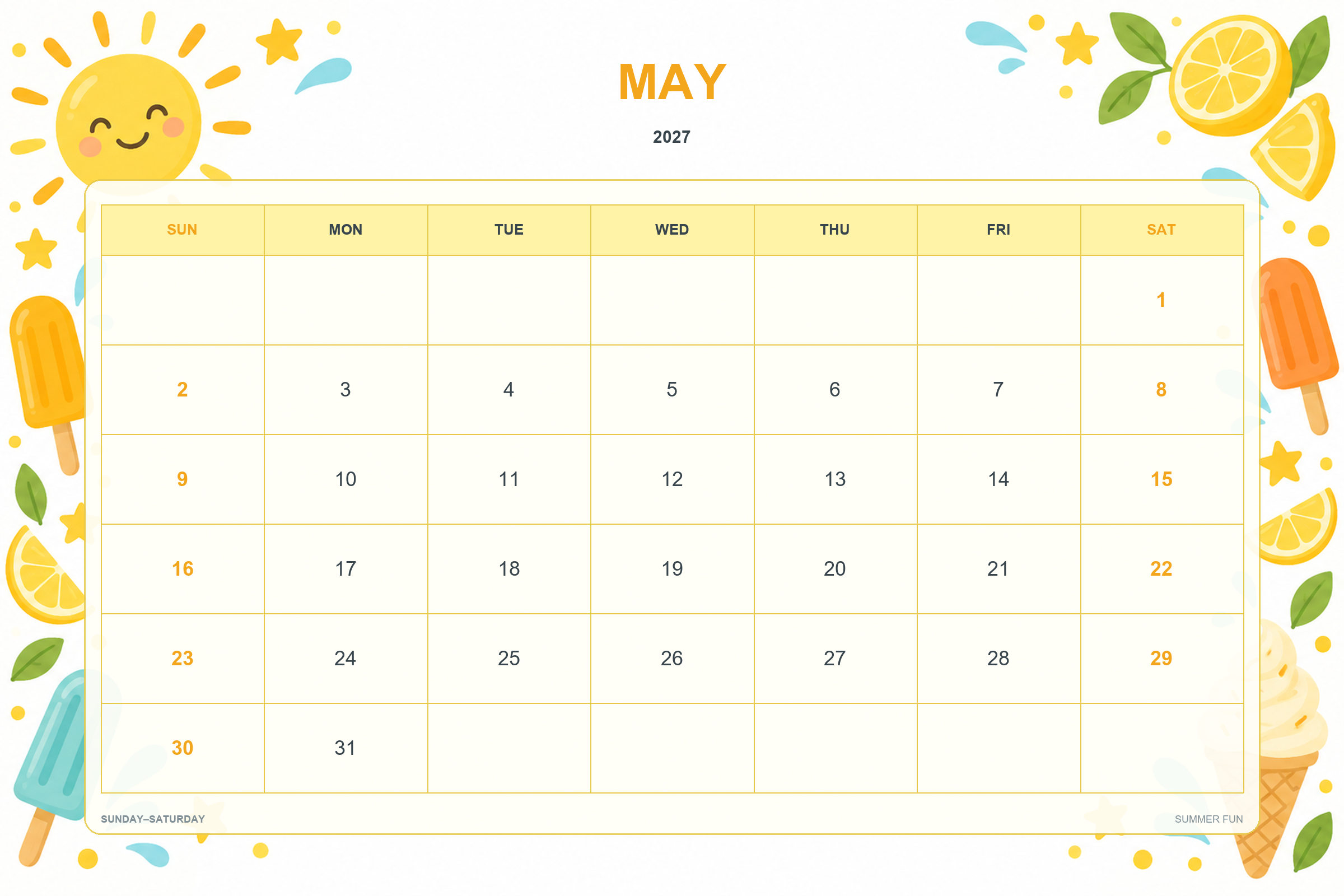Summer Fun printable May 2027 calendar template