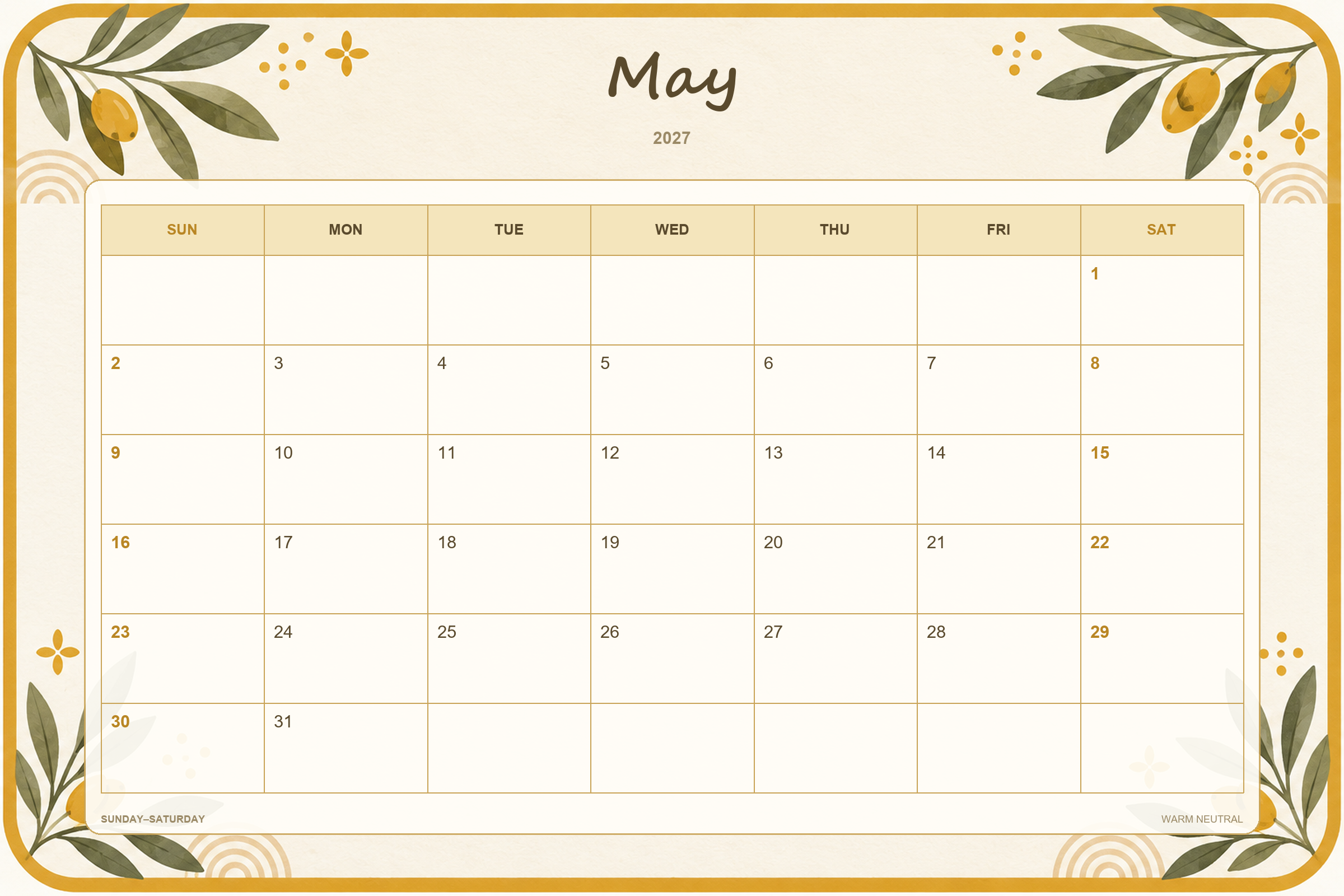 Warm Neutral printable May 2027 calendar template