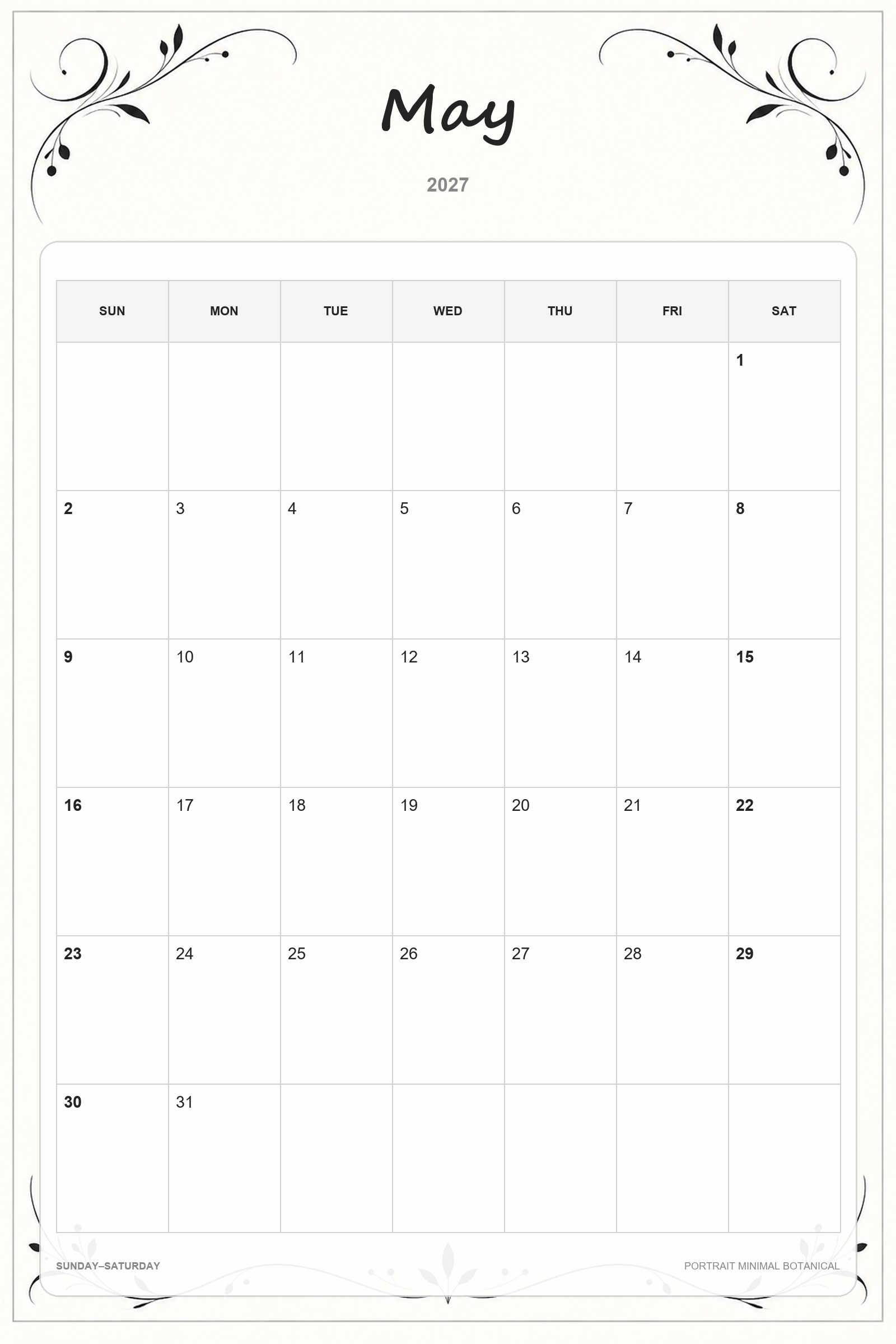 Portrait Minimal Botanical printable May 2027 calendar template