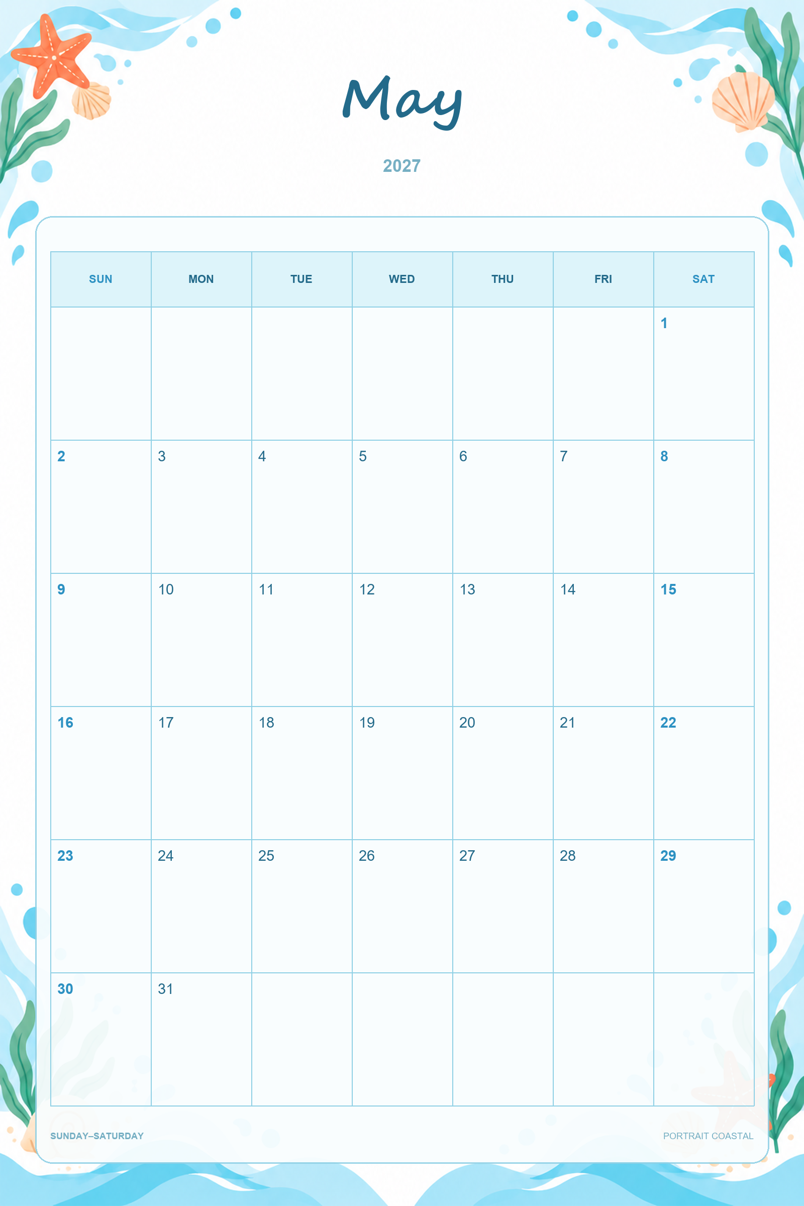 Portrait Coastal printable May 2027 calendar template