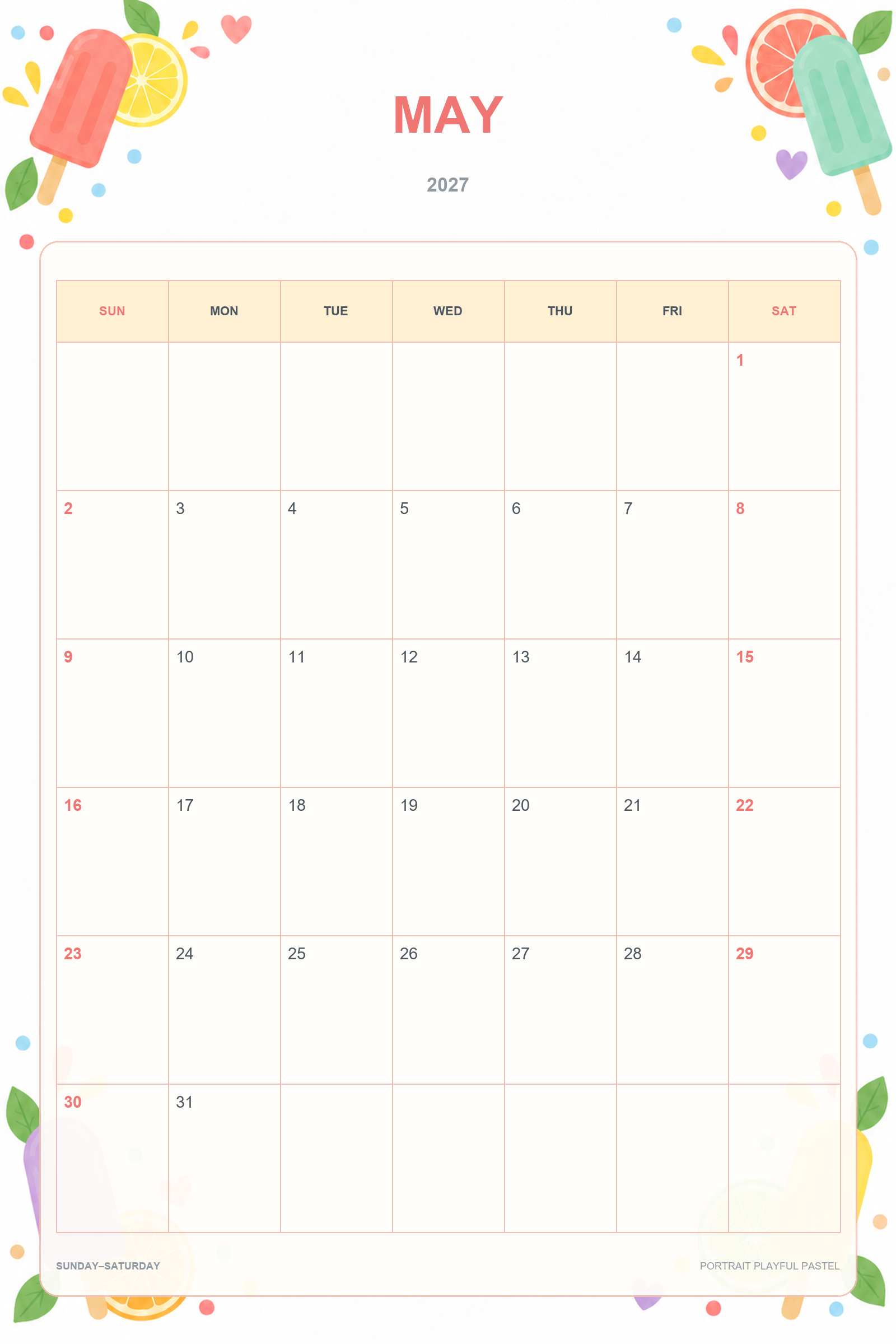 Portrait Playful Pastel printable May 2027 calendar template