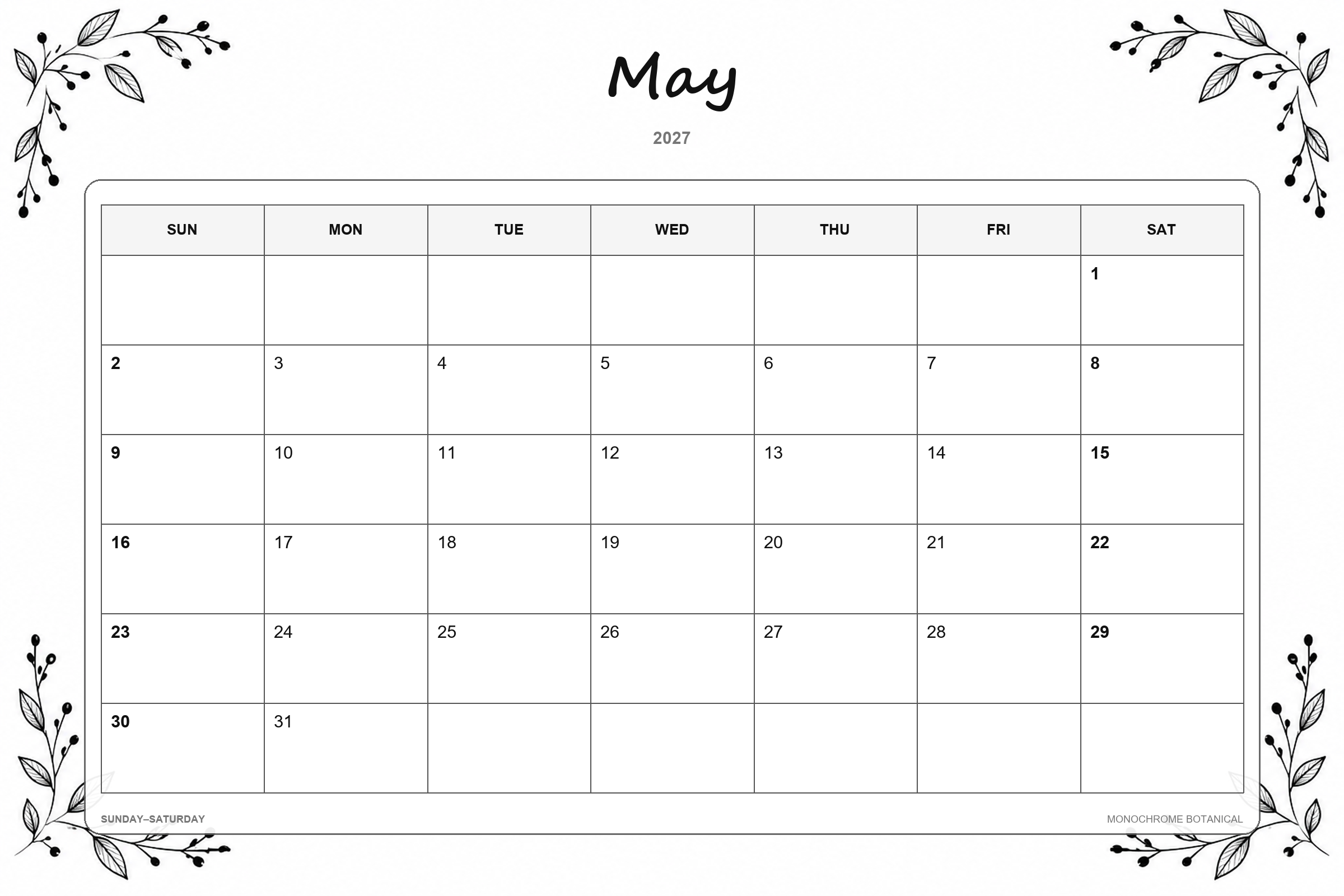 Monochrome Botanical printable May 2027 calendar template