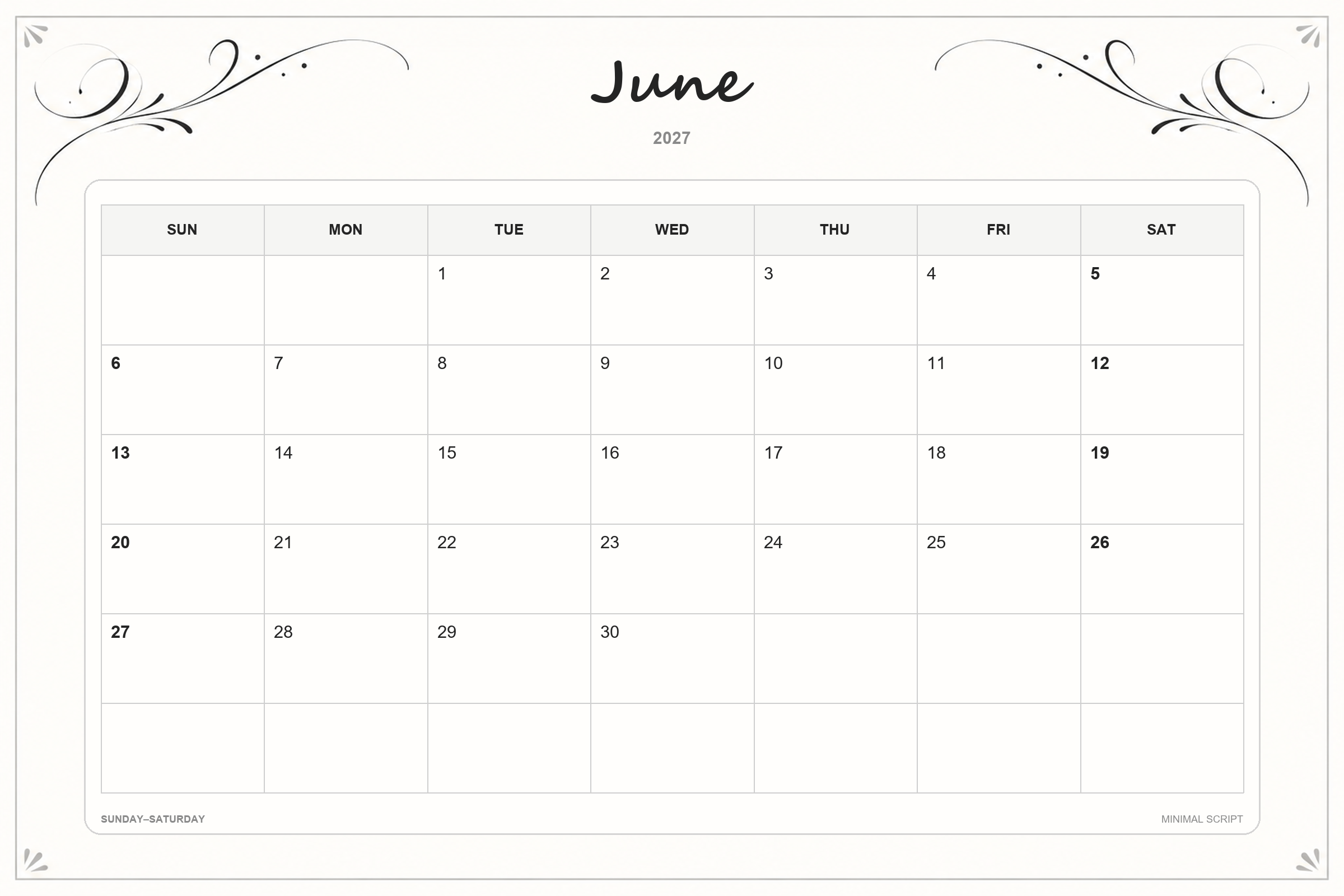 Calendário de junho de 2027 para imprimir: Caligrafia minimalista