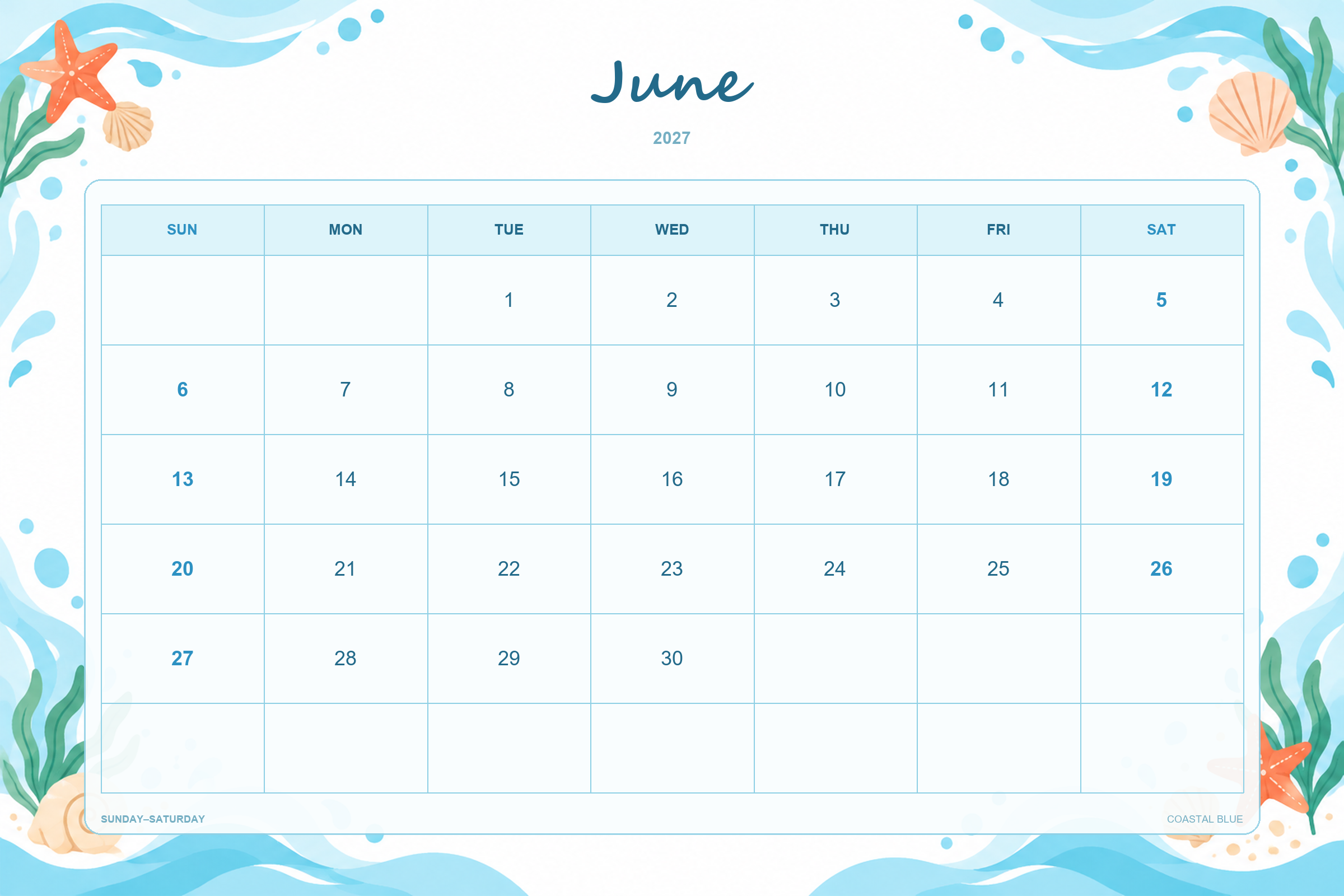 Calendário de junho de 2027 para imprimir: Azul costeiro