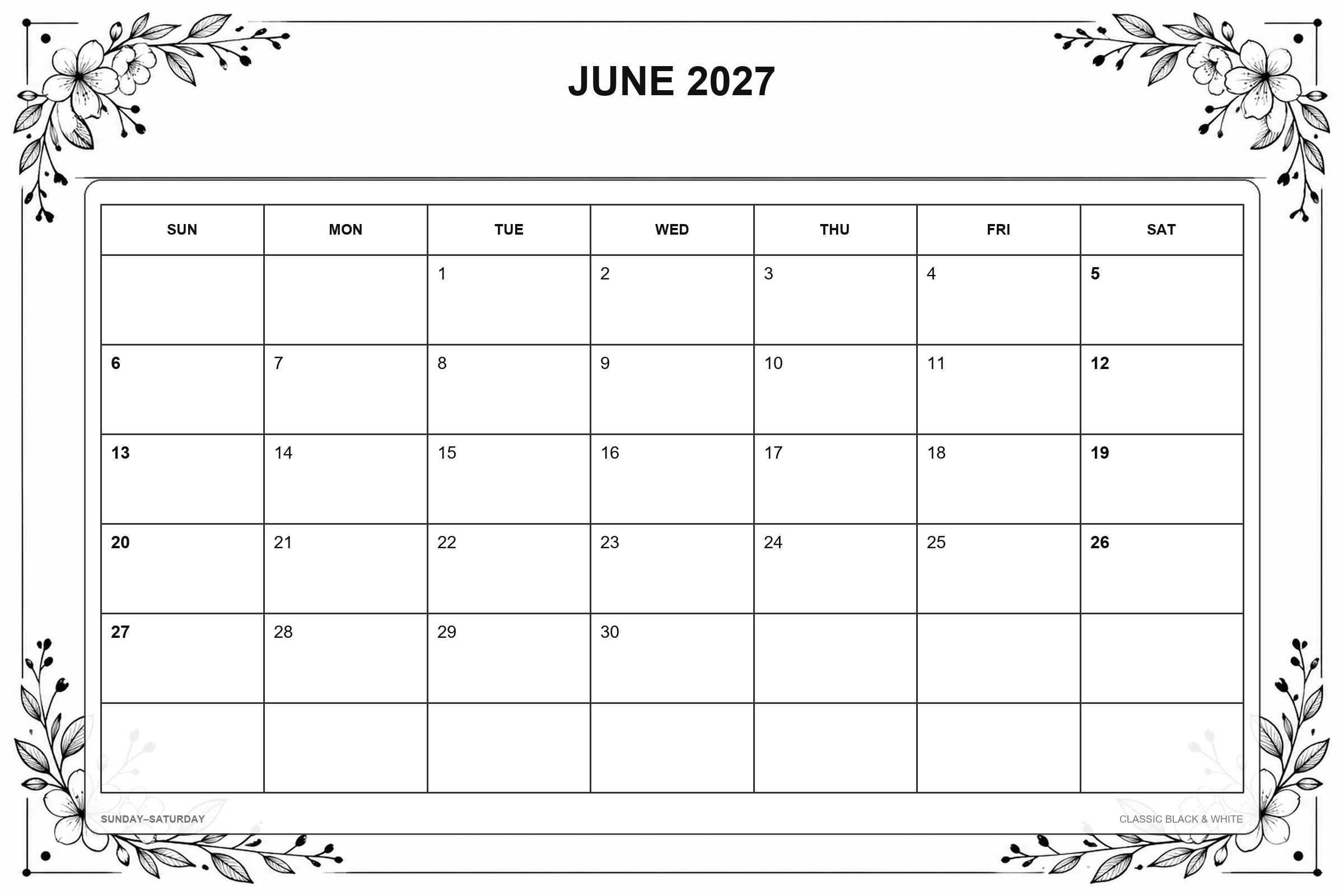 Calendário de junho de 2027 para imprimir: Preto e branco clássico