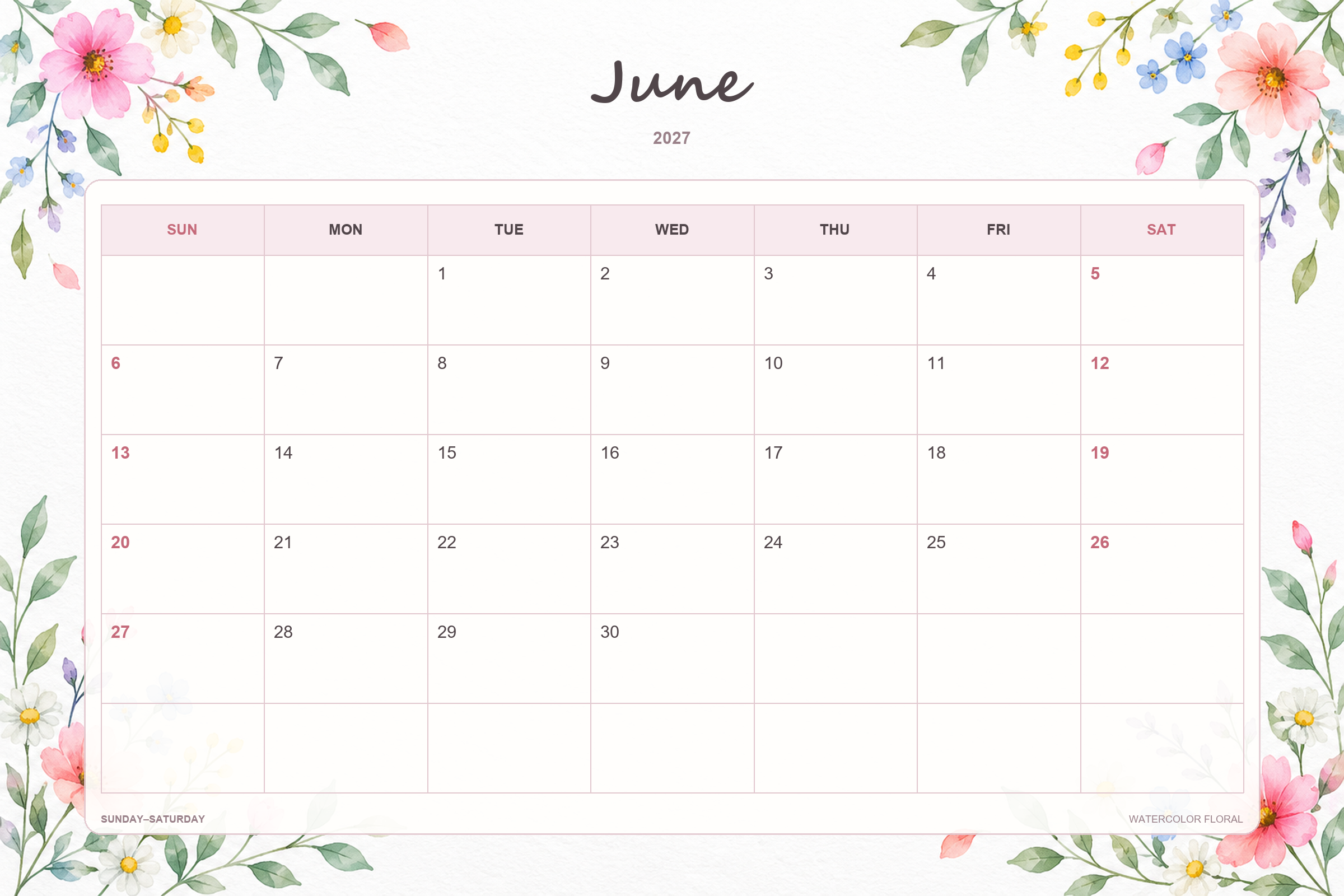 Calendário de junho de 2027 para imprimir: Flores em aguarela