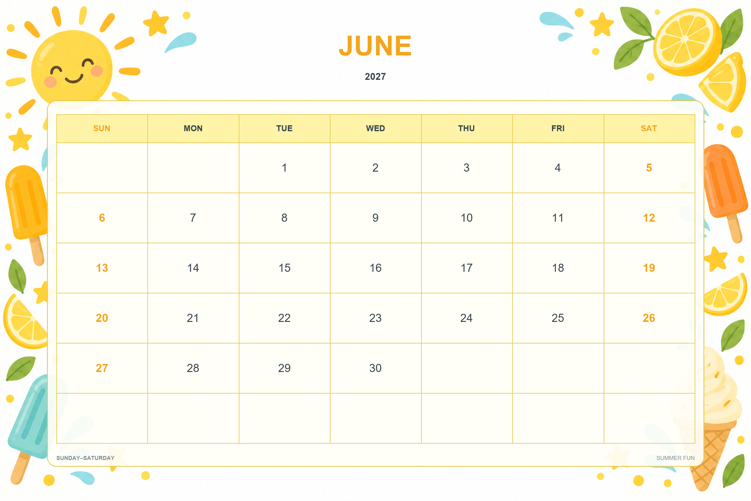 Calendário de junho de 2027 para imprimir: Alegria de verão
