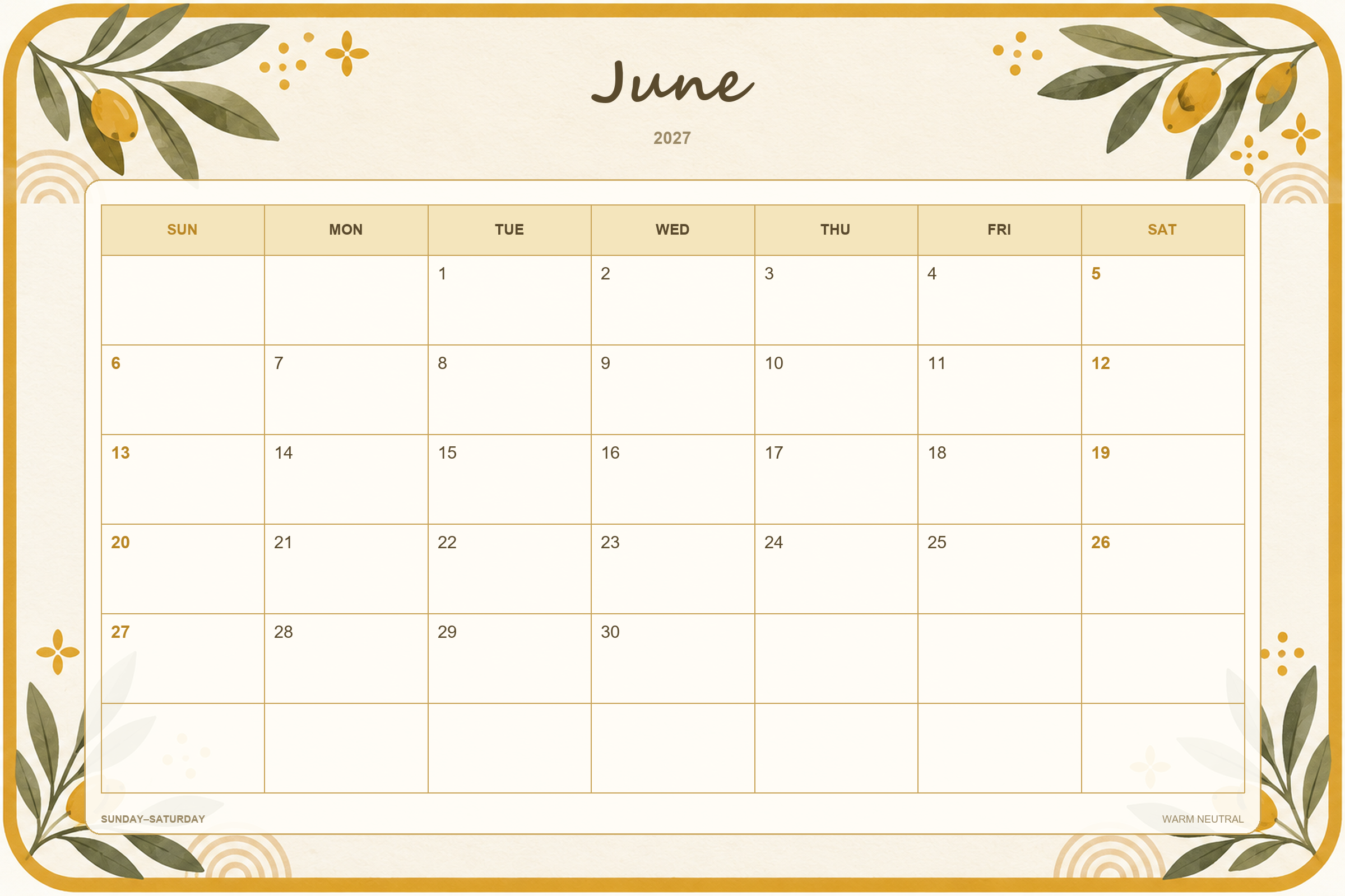 Calendário de junho de 2027 para imprimir: Tons neutros quentes