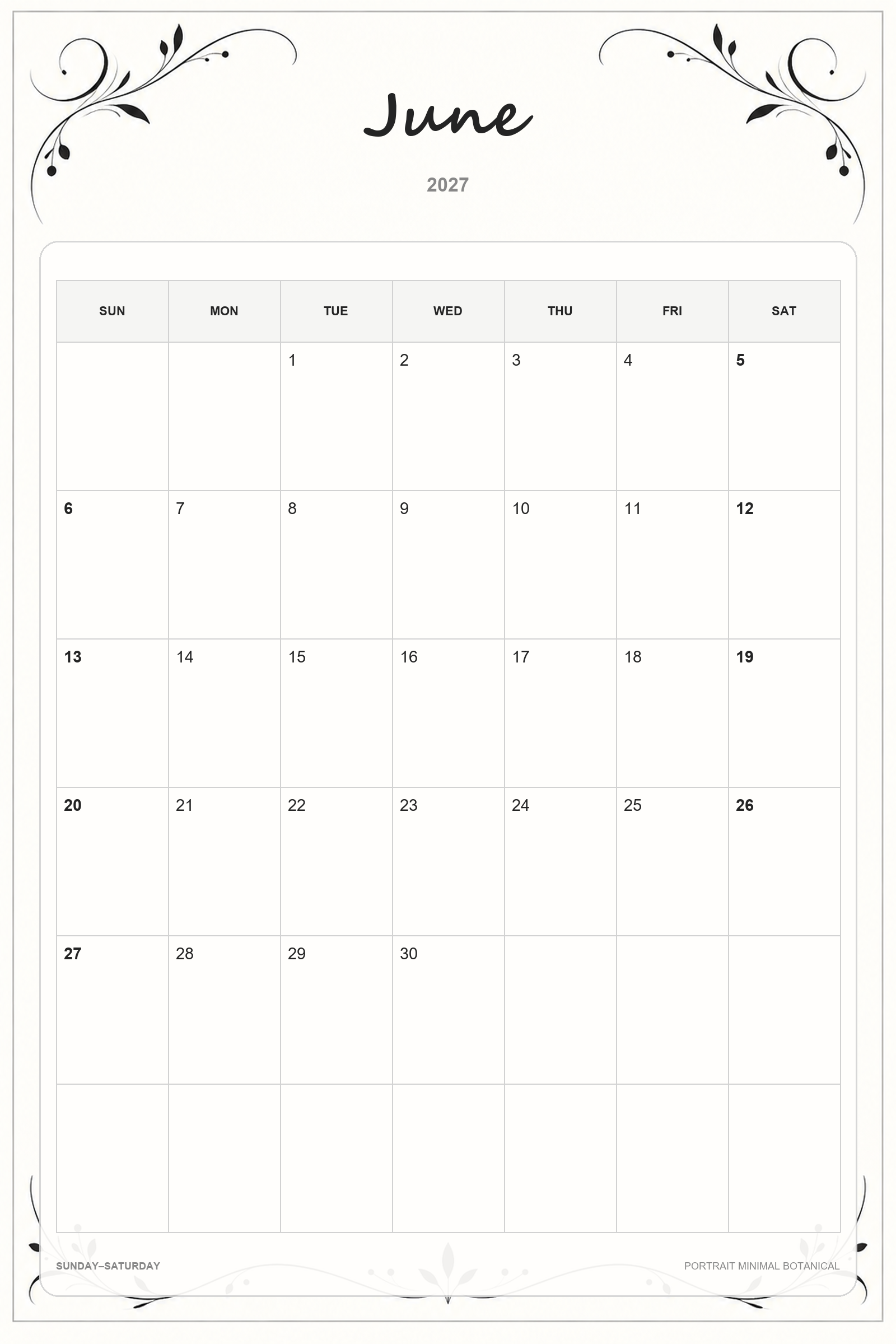 Calendário de junho de 2027 para imprimir: Botânica minimalista vertical