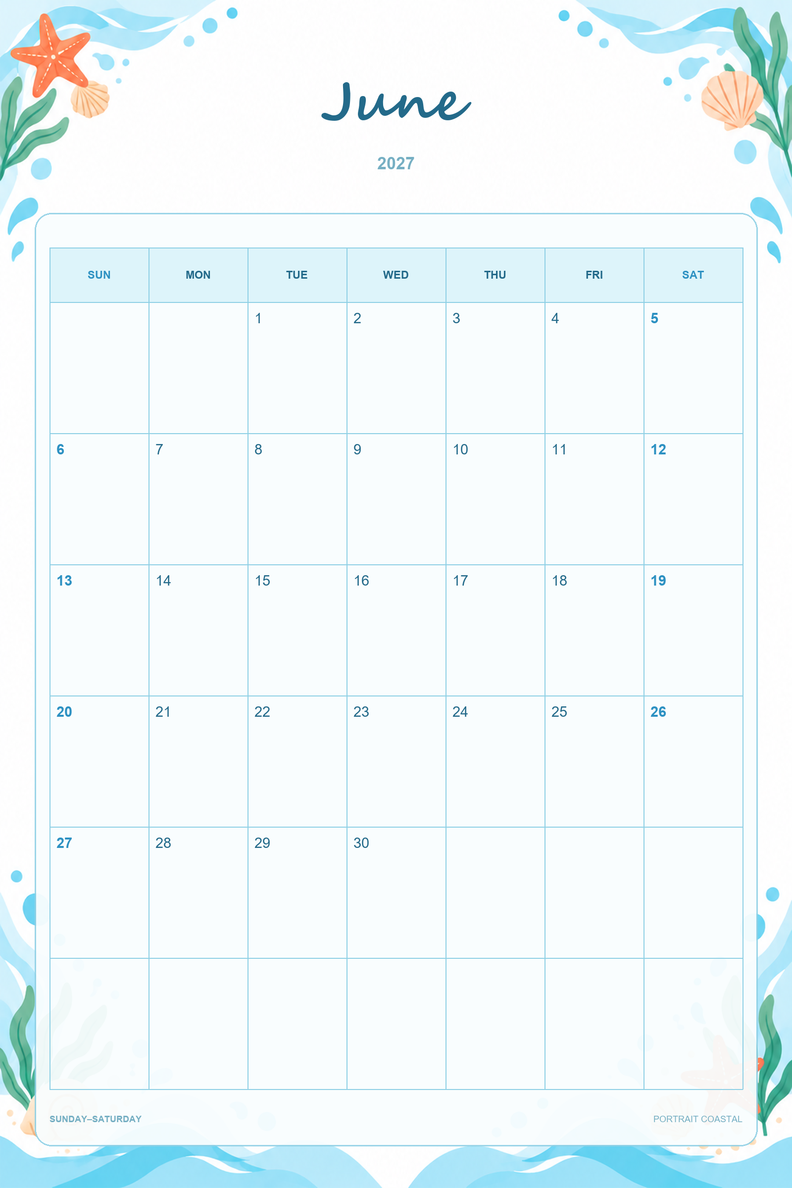 Calendário de junho de 2027 para imprimir: Design costeiro vertical