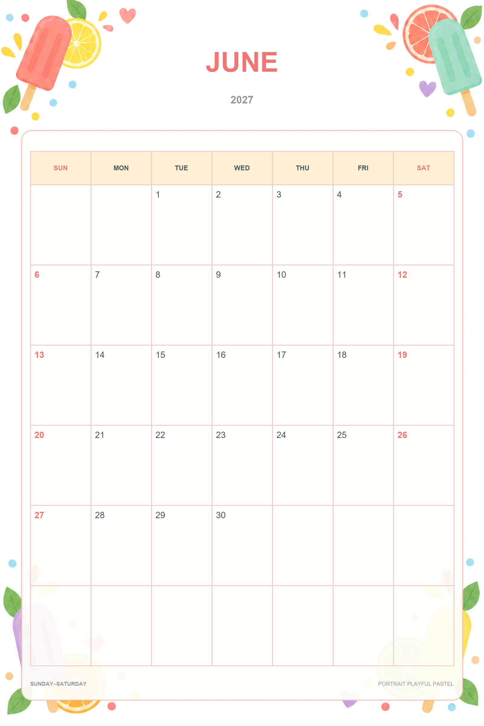 Calendário de junho de 2027 para imprimir: Tons pastel divertidos verticais