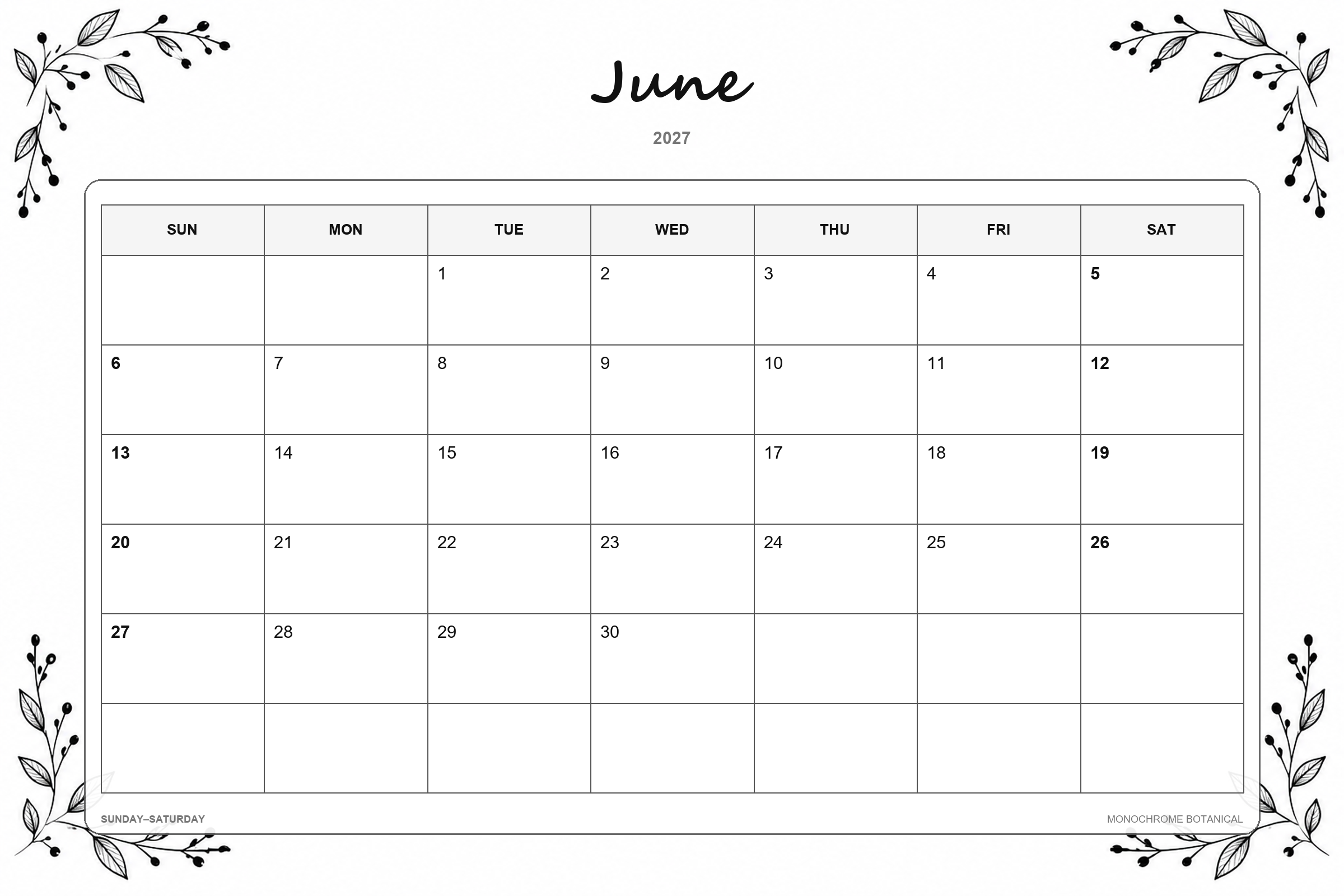 Calendário de junho de 2027 para imprimir: Botânica monocromática