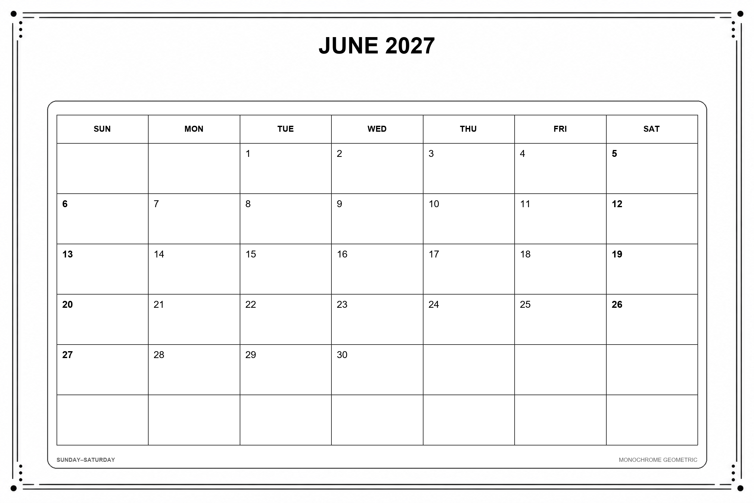 Calendário de junho de 2027 para imprimir: Geometria monocromática
