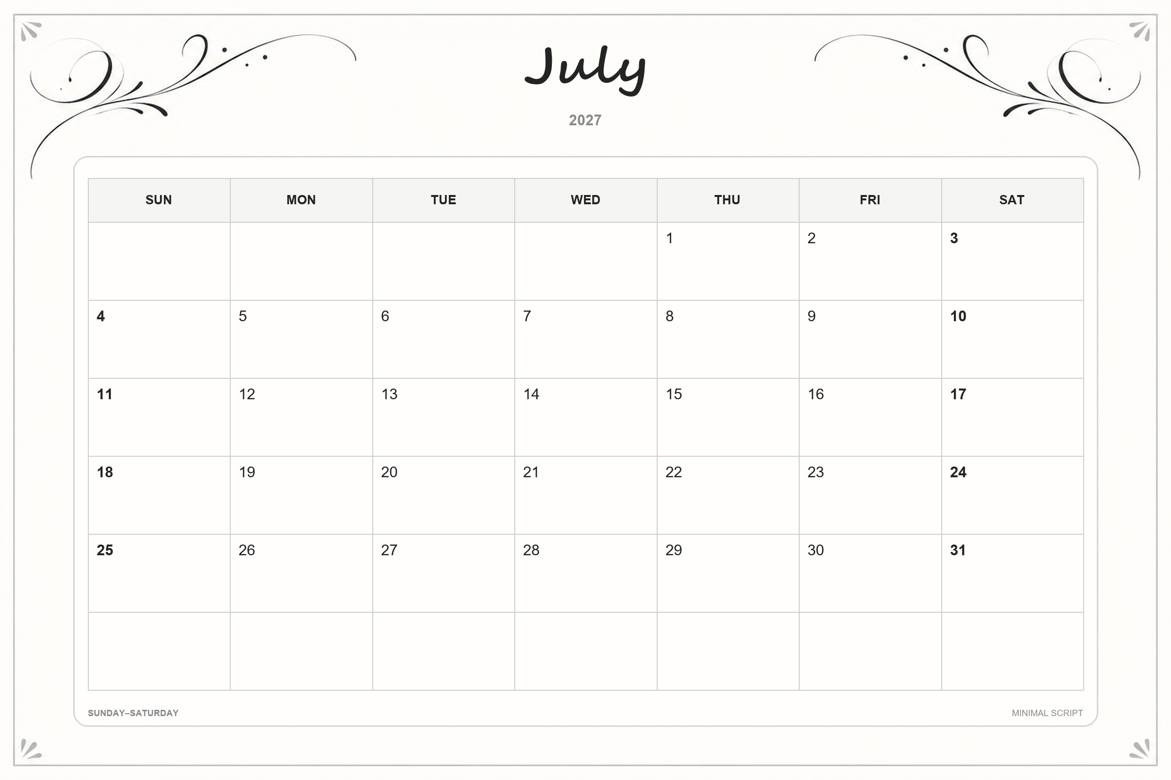 Calendrier de juillet 2027 à imprimer : Écriture minimaliste