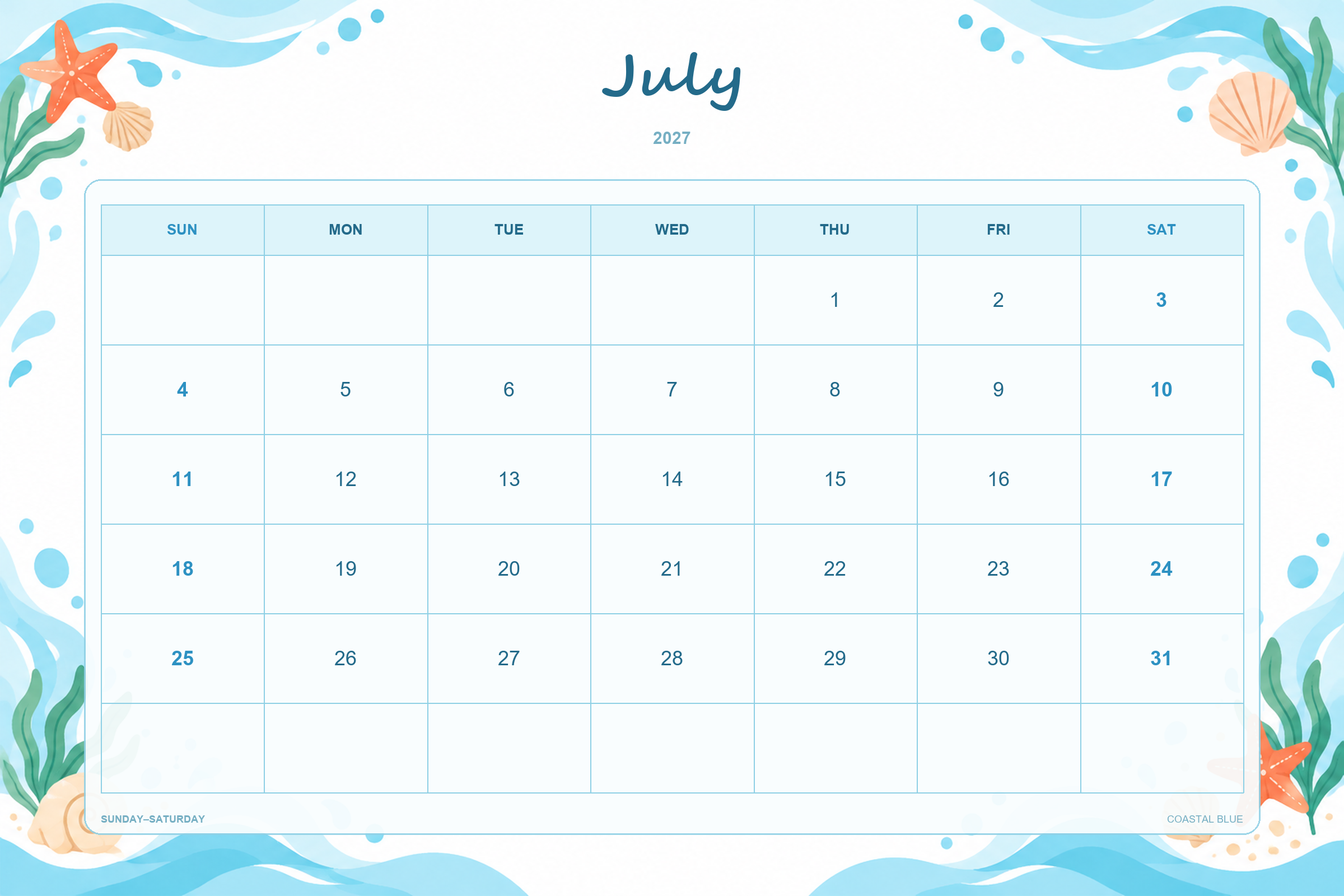 Calendrier de juillet 2027 à imprimer : Bleu côtier