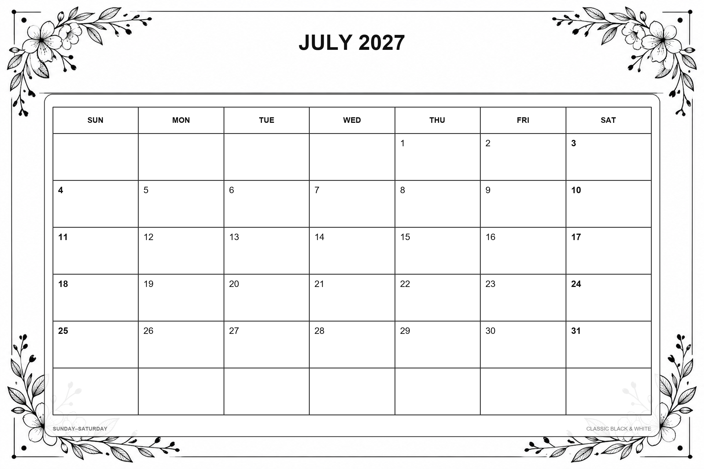Calendrier de juillet 2027 à imprimer : Noir et blanc classique
