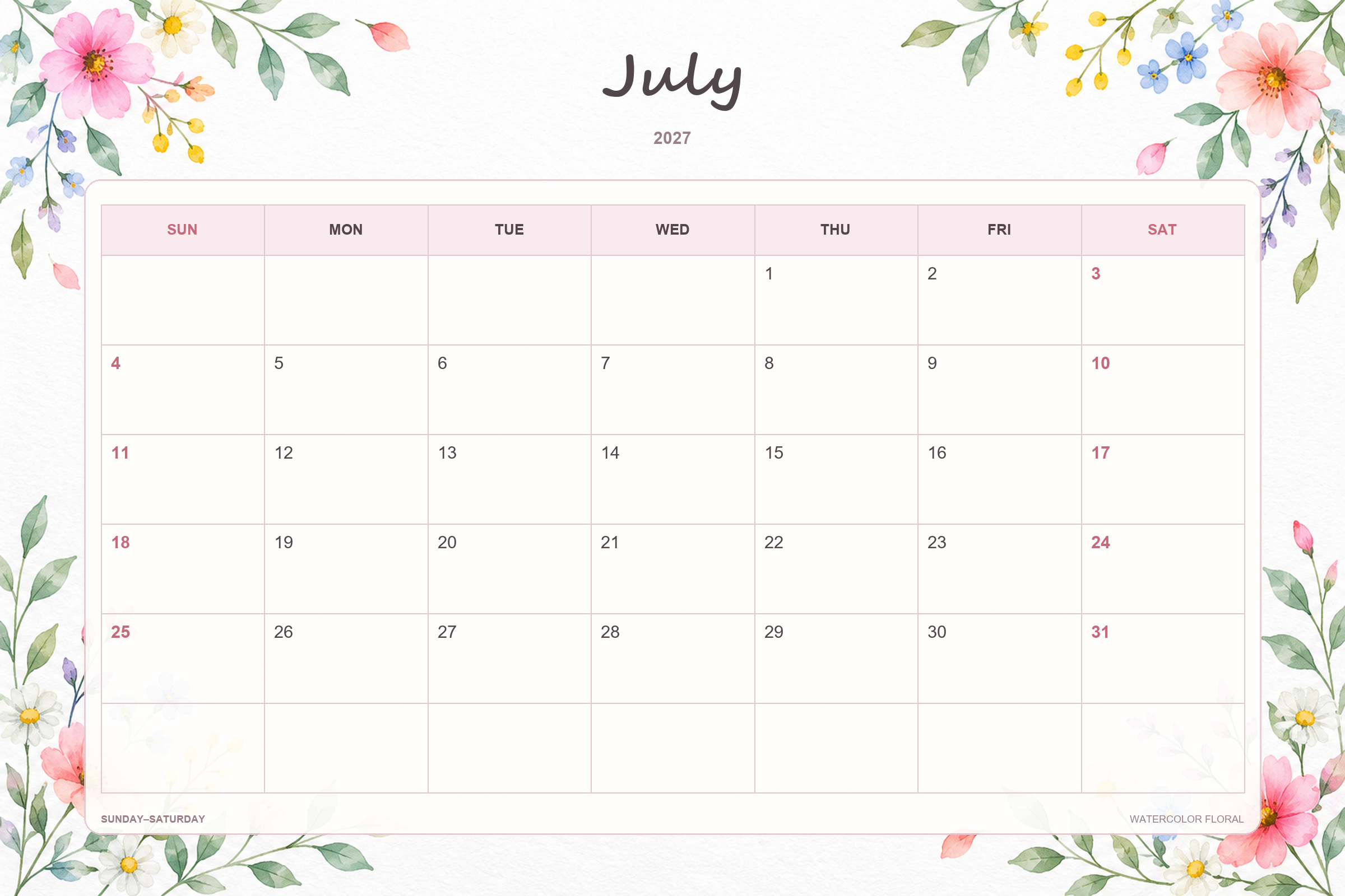Calendrier de juillet 2027 à imprimer : Fleurs à l’aquarelle