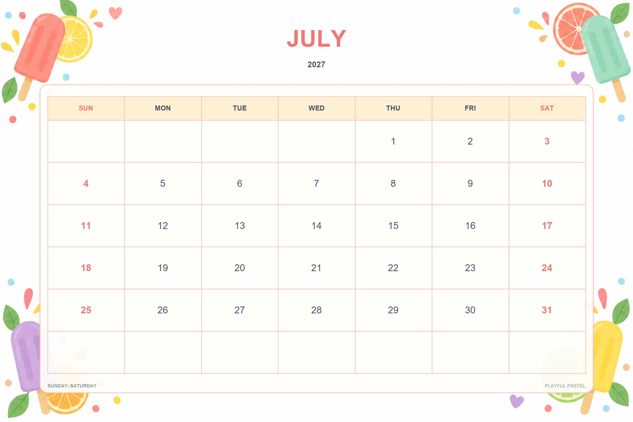 Calendrier de juillet 2027 à imprimer : Pastels ludiques