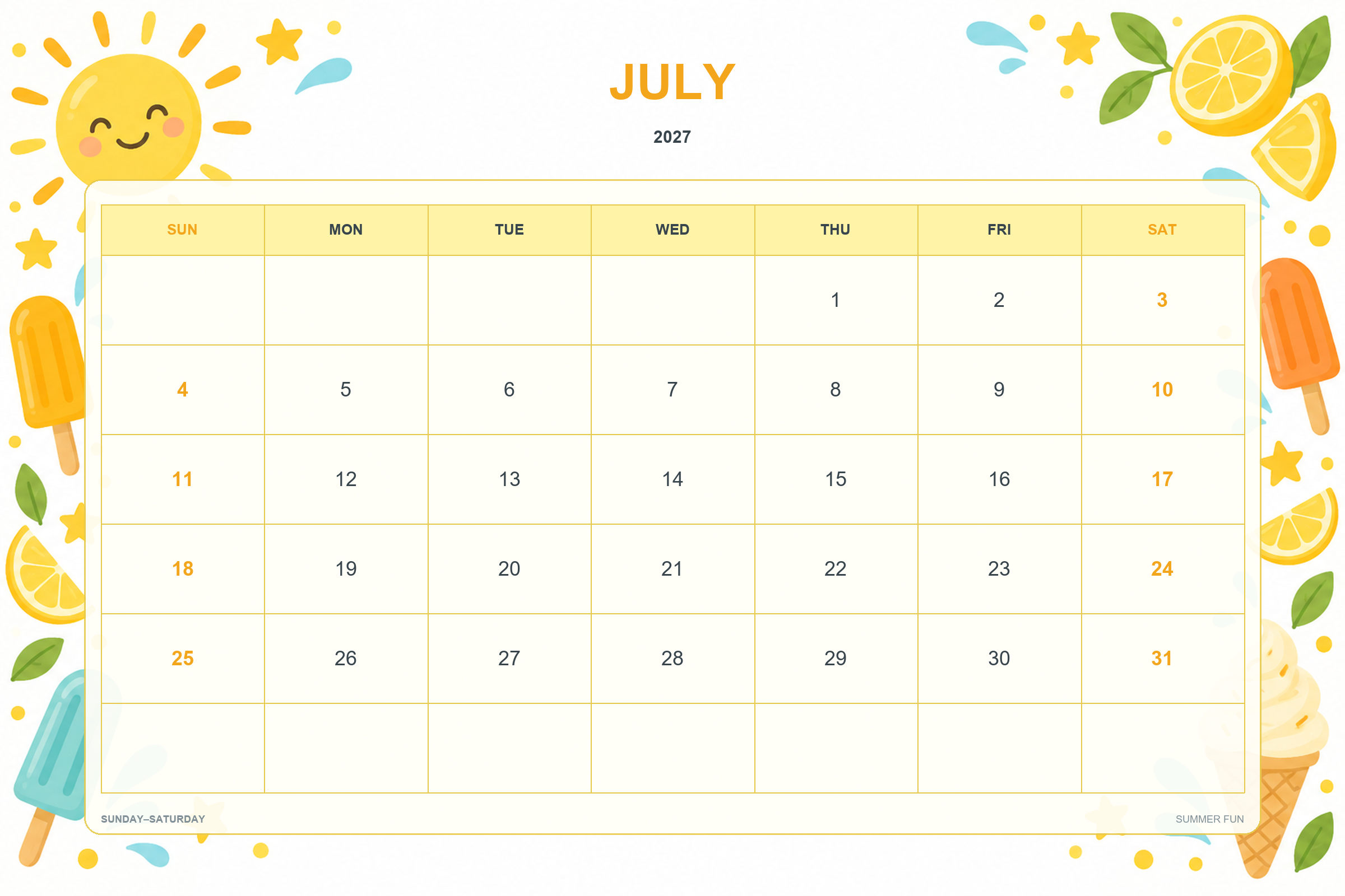 Calendrier de juillet 2027 à imprimer : Esprit d’été
