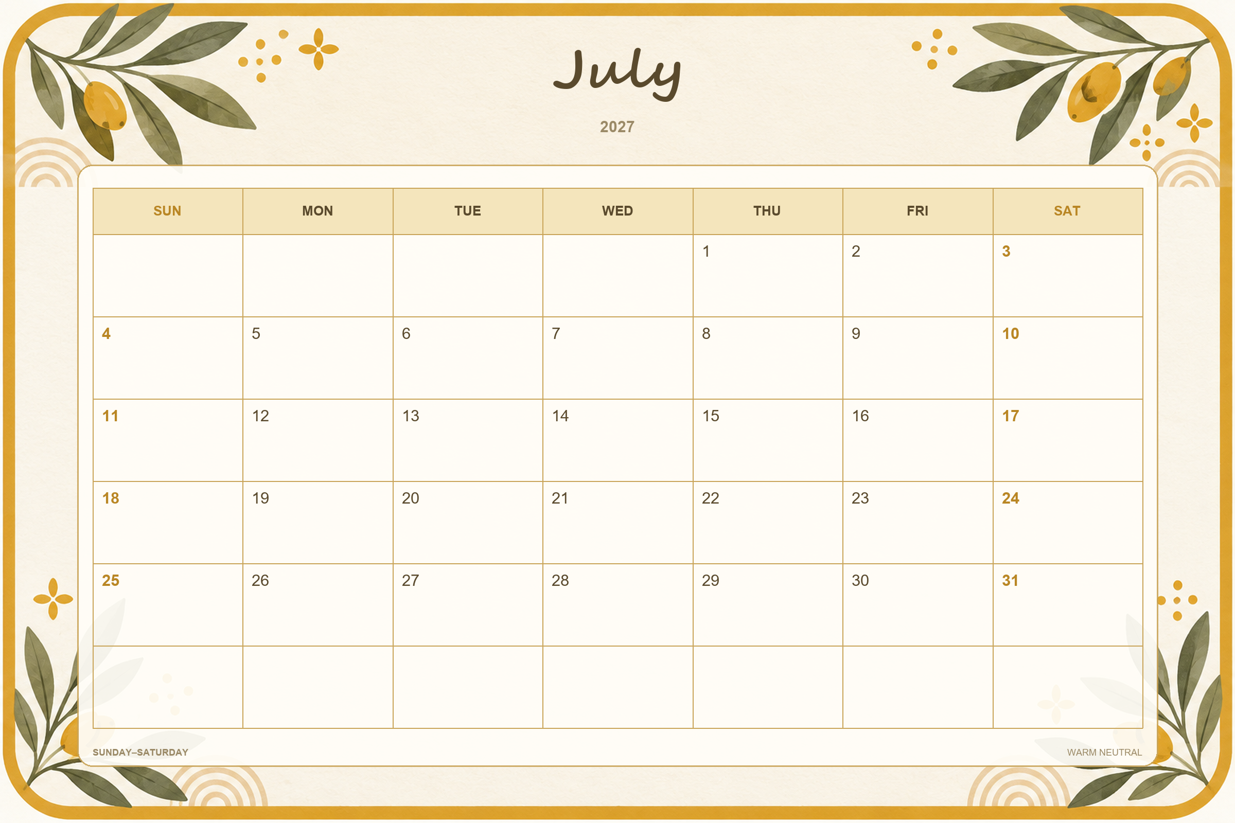 Calendrier de juillet 2027 à imprimer : Tons neutres chaleureux