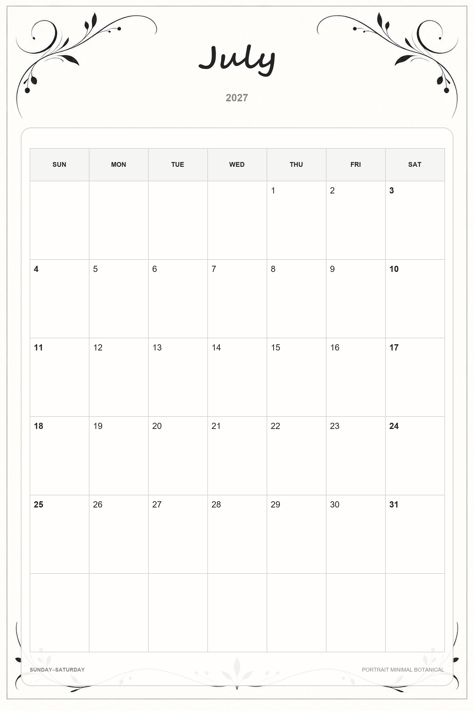 Calendrier de juillet 2027 à imprimer : Botanique minimaliste en portrait