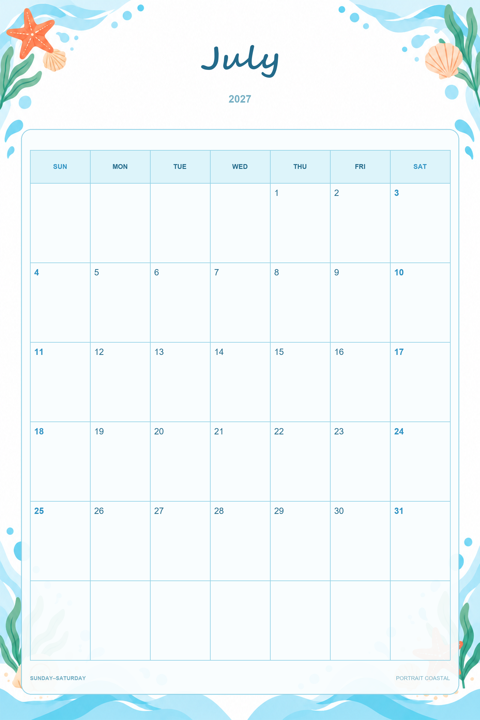 Calendrier de juillet 2027 à imprimer : Ambiance côtière en portrait