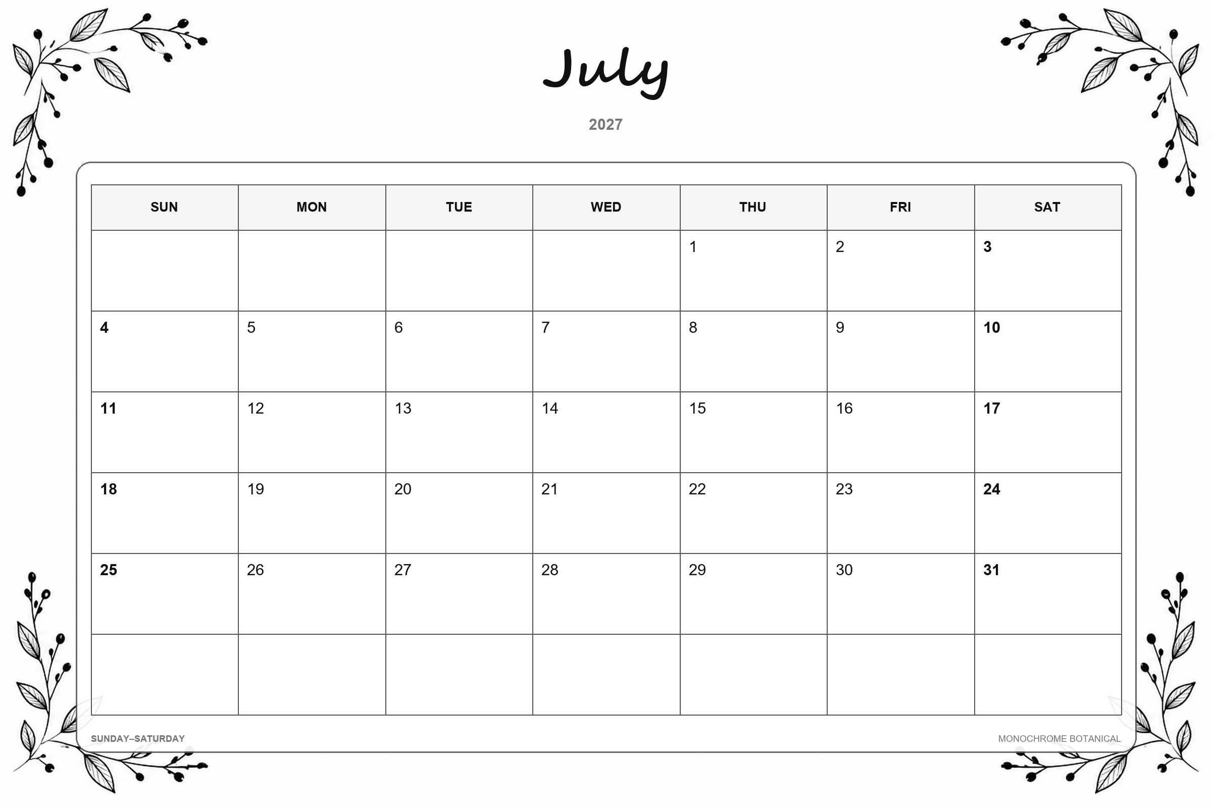 Calendrier de juillet 2027 à imprimer : Botanique monochrome