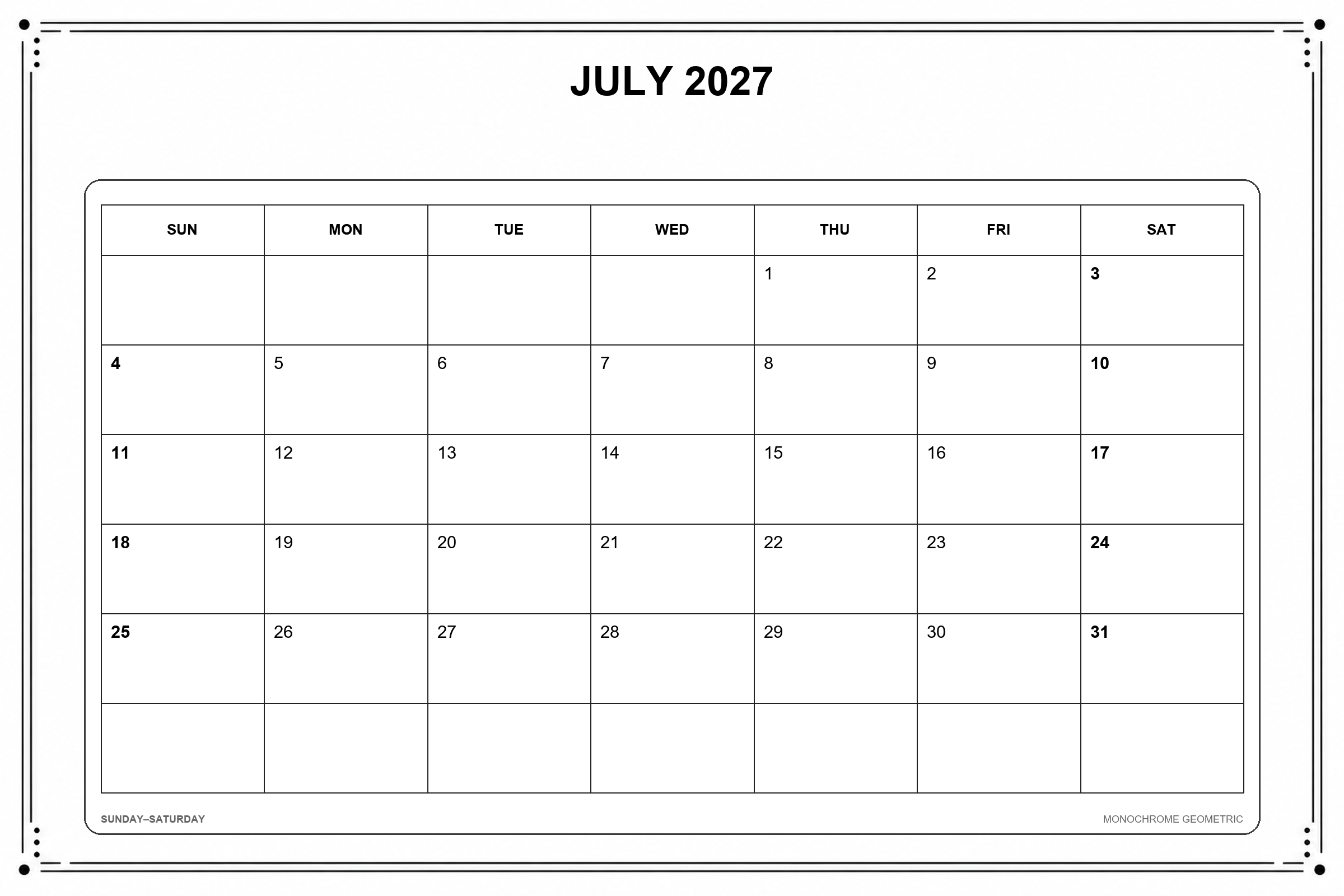 Calendrier de juillet 2027 à imprimer : Géométrie monochrome