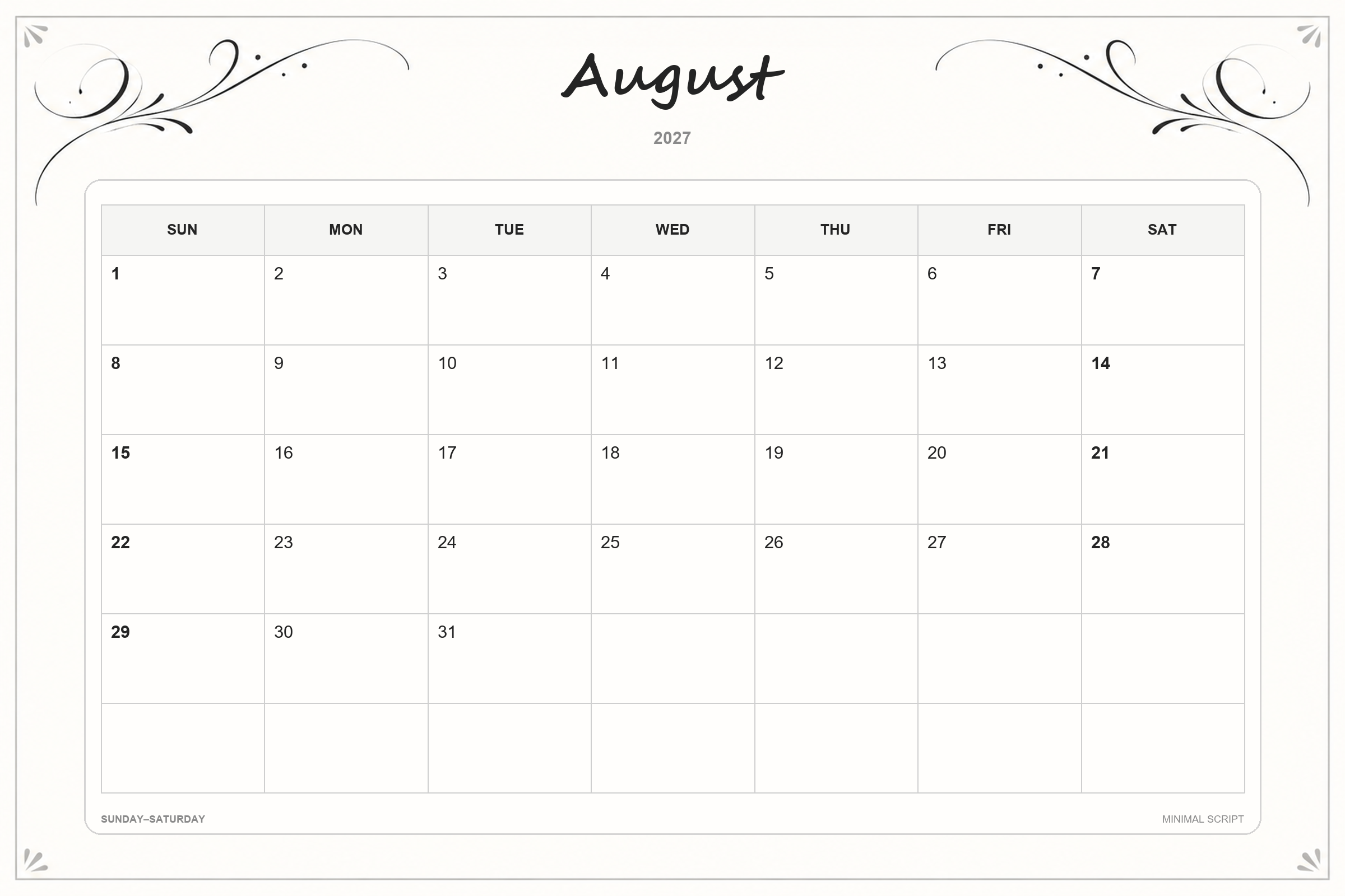 Calendrier de août 2027 à imprimer : Écriture minimaliste