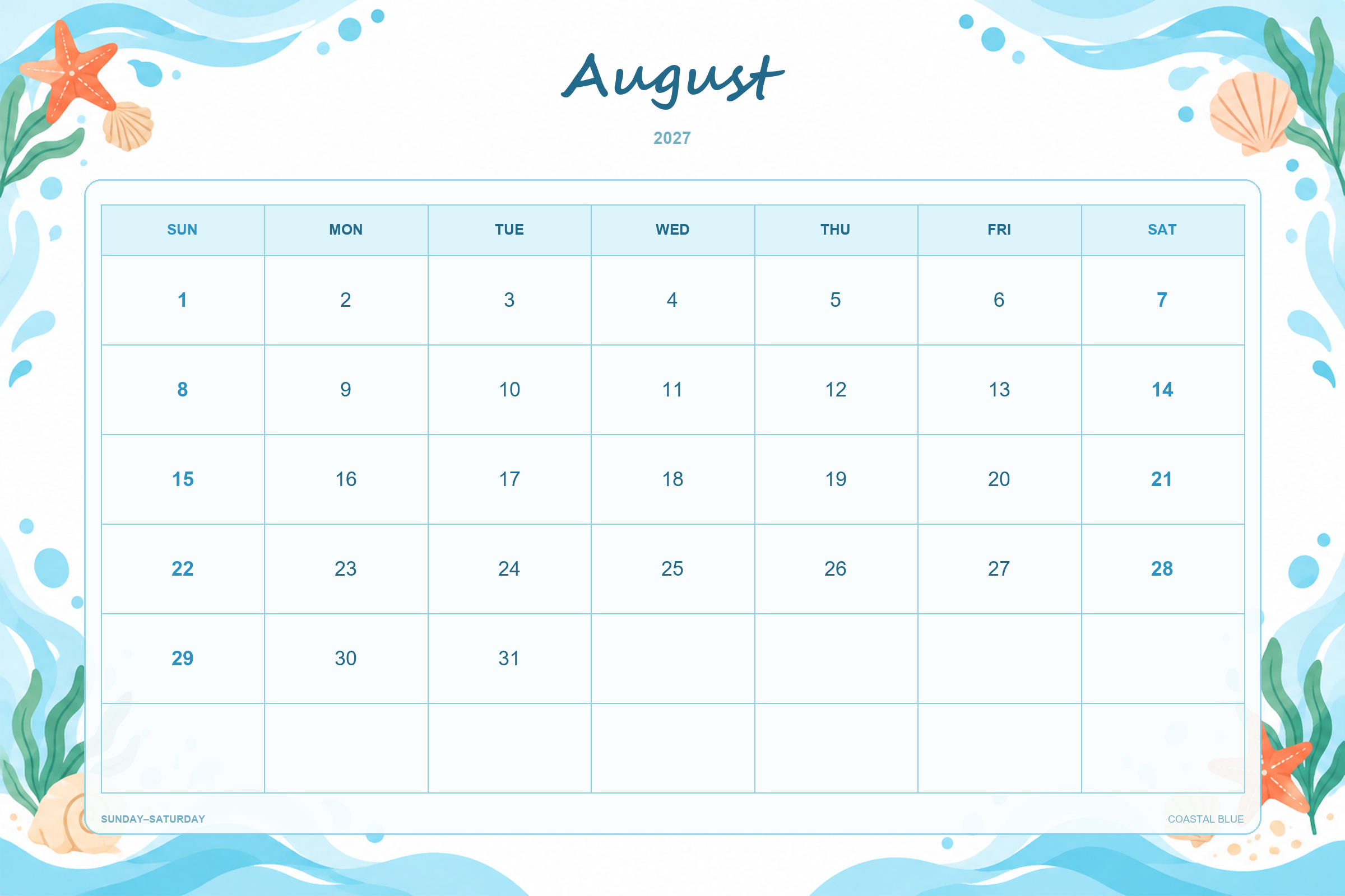 Calendrier de août 2027 à imprimer : Bleu côtier