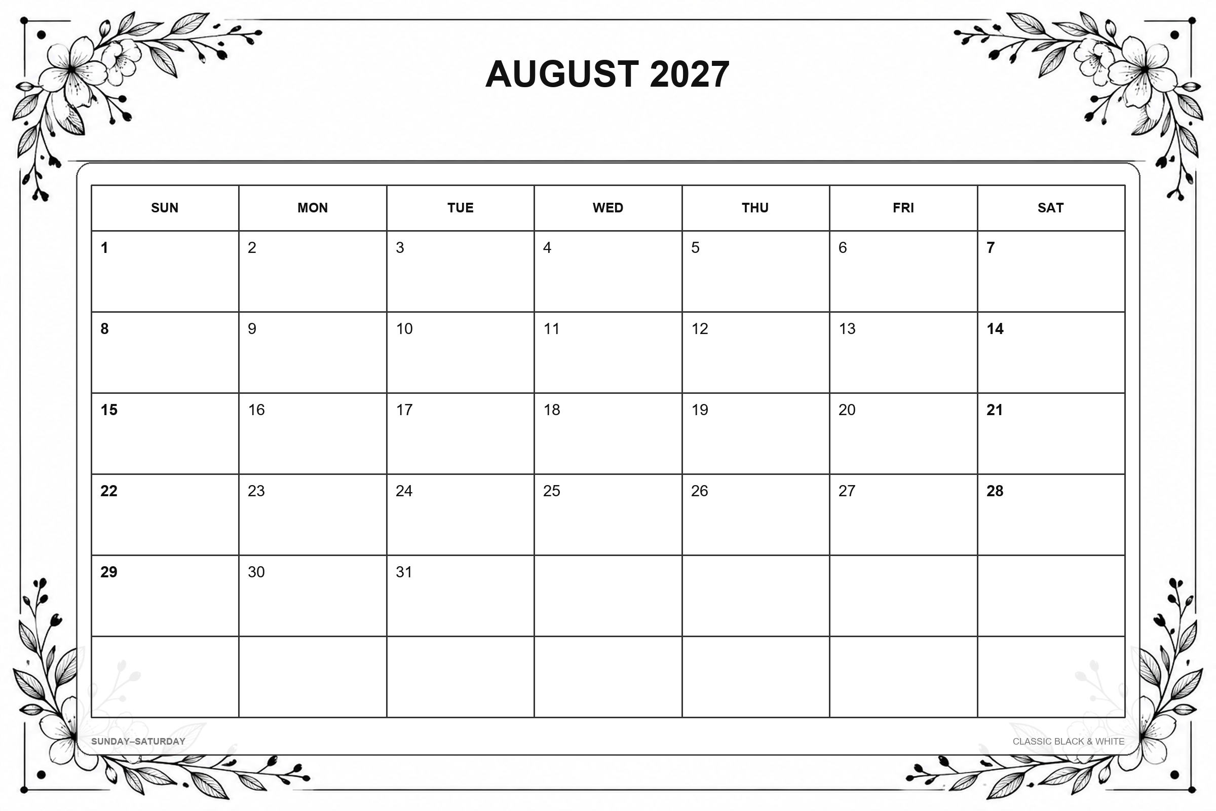 Calendrier de août 2027 à imprimer : Noir et blanc classique