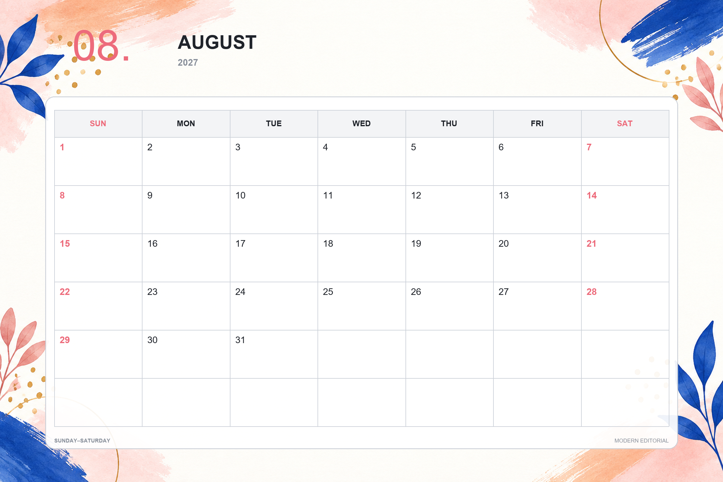 Calendrier de août 2027 à imprimer : Style éditorial moderne