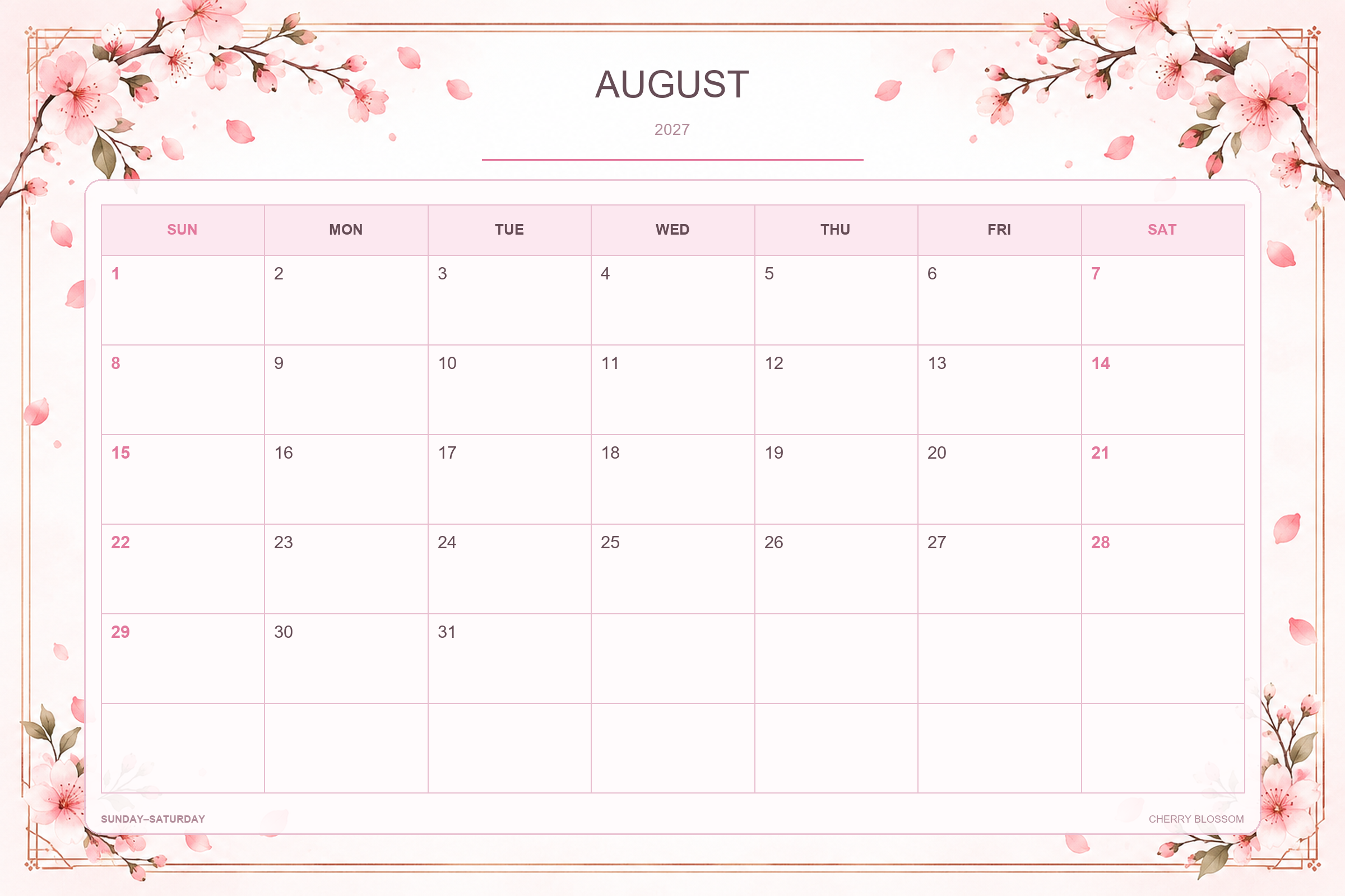 Calendrier de août 2027 à imprimer : Fleurs de cerisier