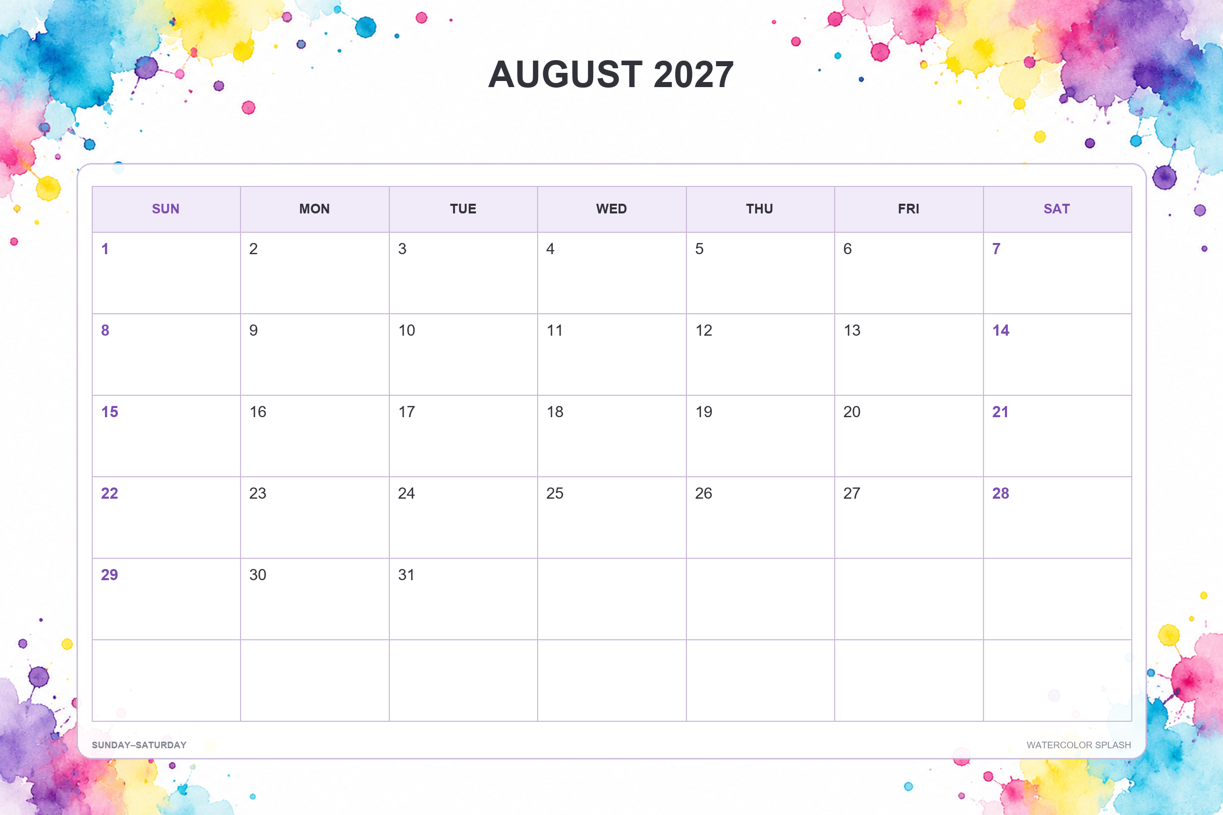 Calendrier de août 2027 à imprimer : Touches d’aquarelle