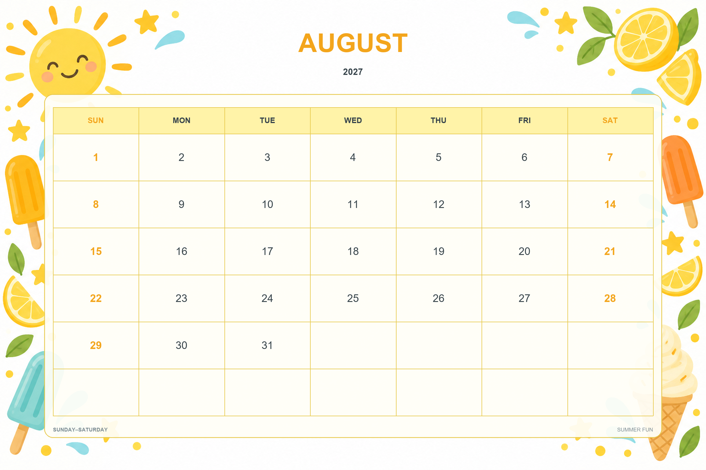 Calendrier de août 2027 à imprimer : Esprit d’été
