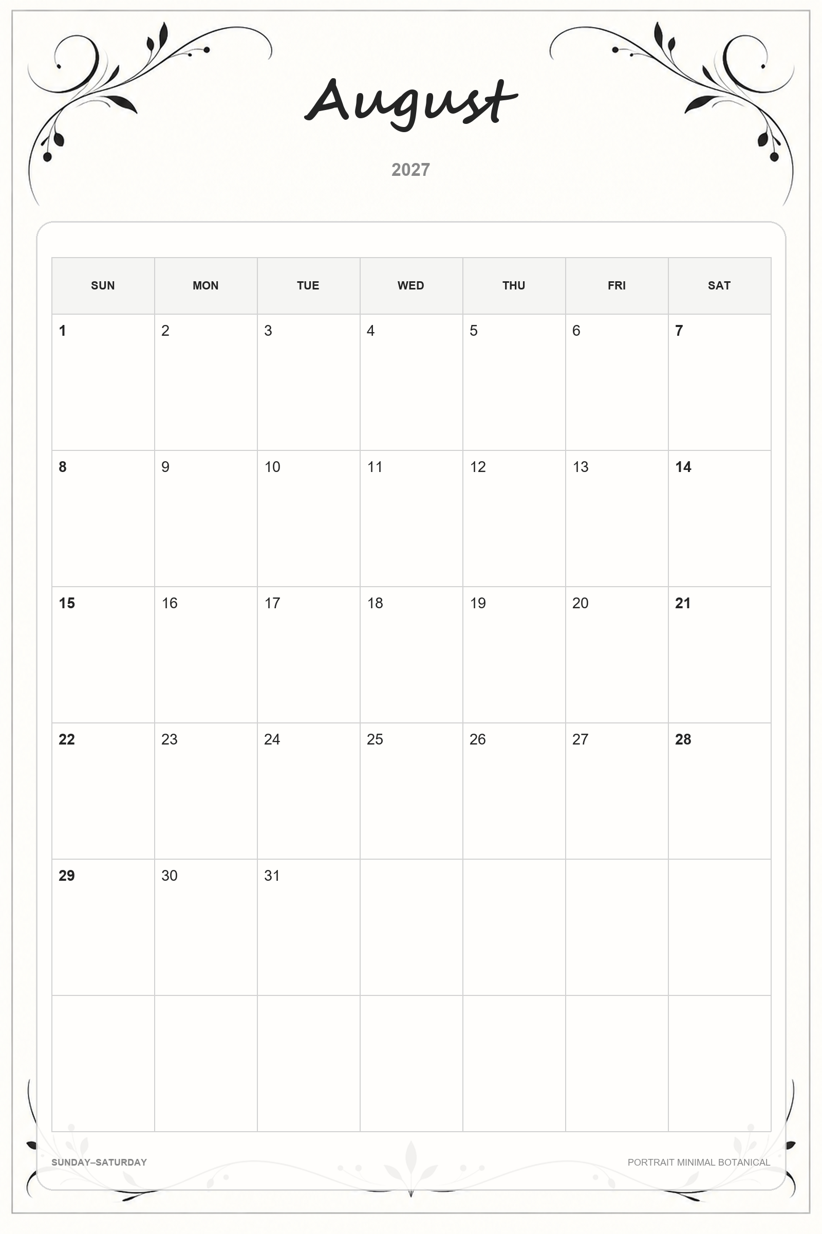 Calendrier de août 2027 à imprimer : Botanique minimaliste en portrait