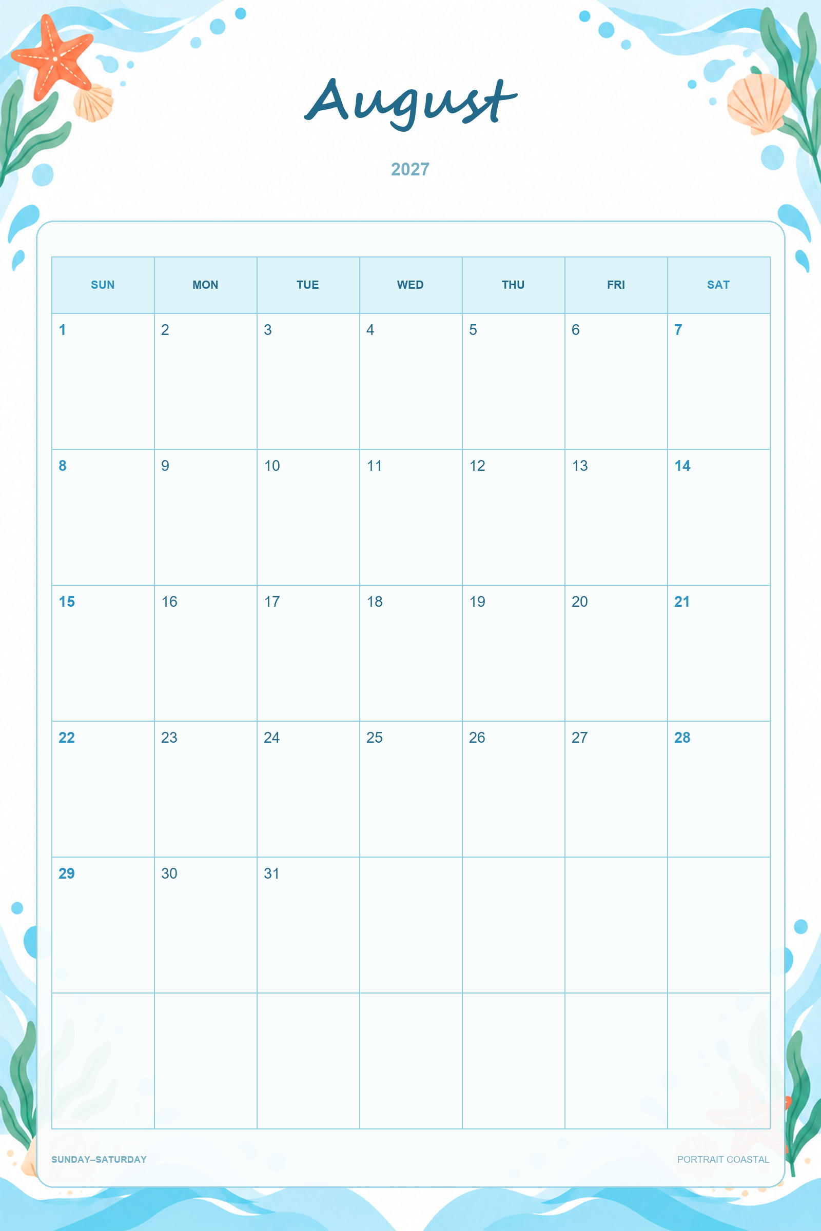 Calendrier de août 2027 à imprimer : Ambiance côtière en portrait