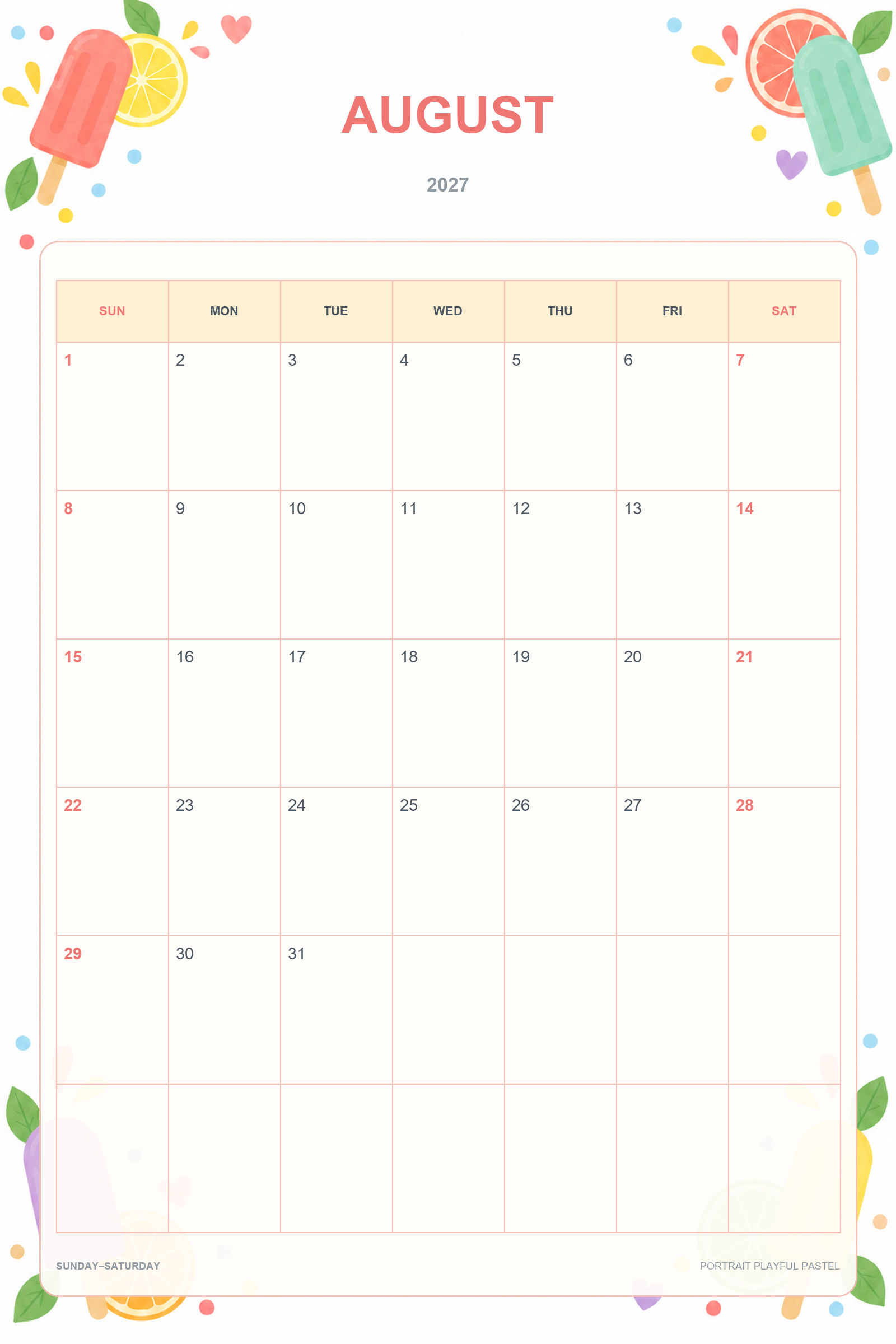 Calendrier de août 2027 à imprimer : Pastels ludiques en portrait